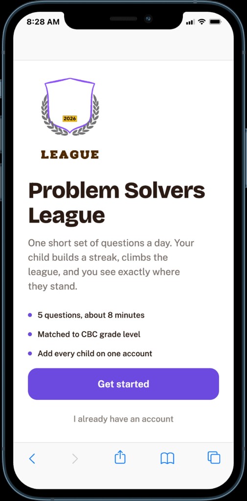 Problem Solvers League intro: five questions a day, about eight minutes, matched to CBC grade level.