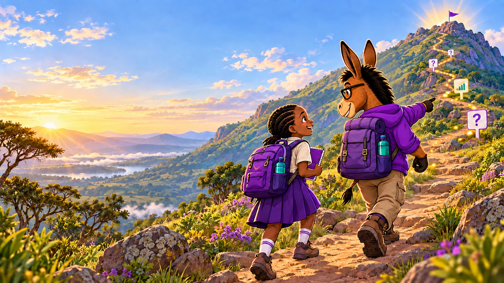 A Kenyan schoolgirl in uniform hikes a mountain trail at sunrise with Kadoney, a donkey in glasses and a purple hoodie, pointing toward a flagged summit.