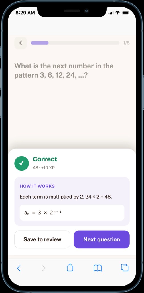 A Daily Challenge question marked correct, with a How it works explanation for a number pattern.