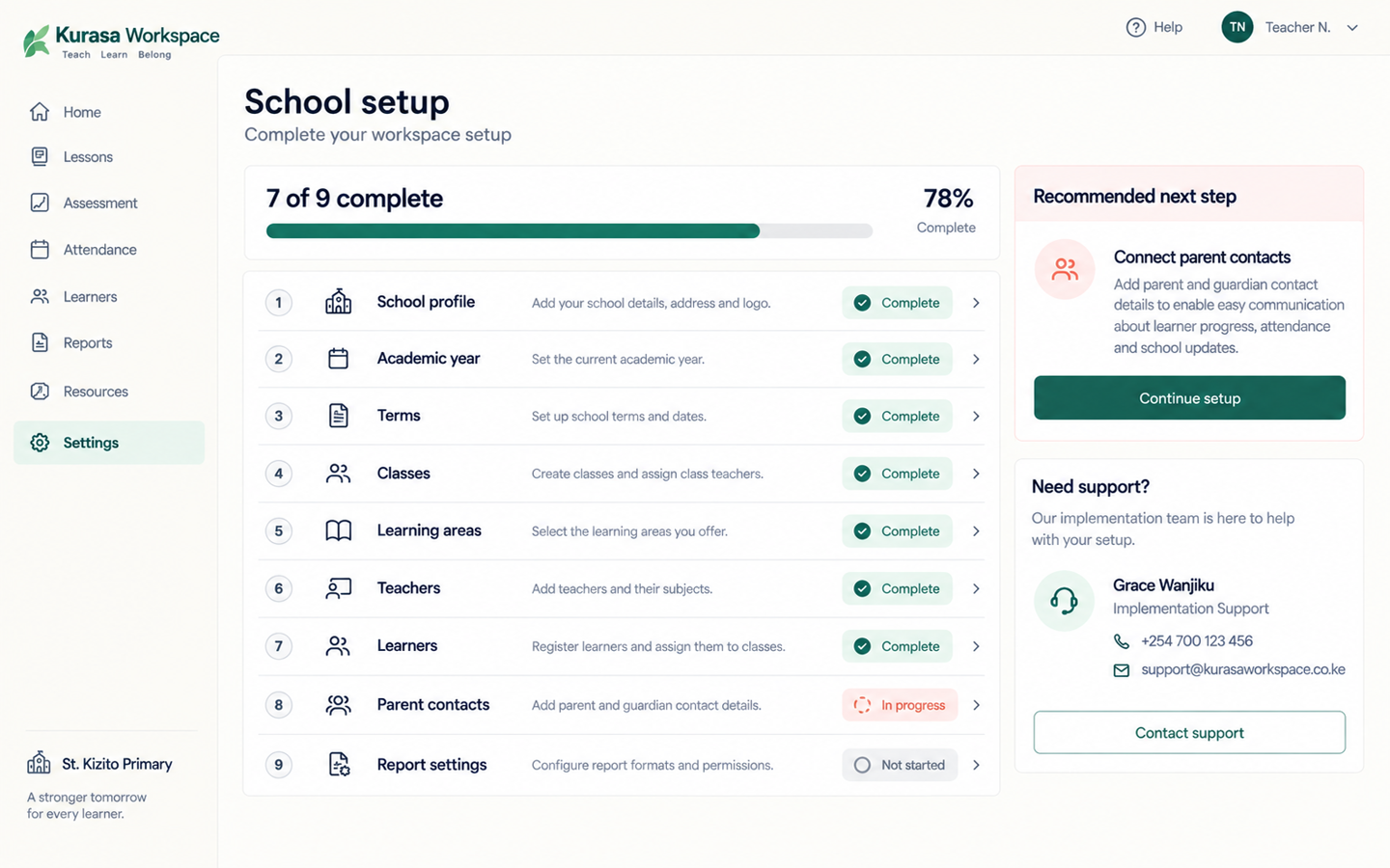 Kurasa Workspace Setup Health view for a school.