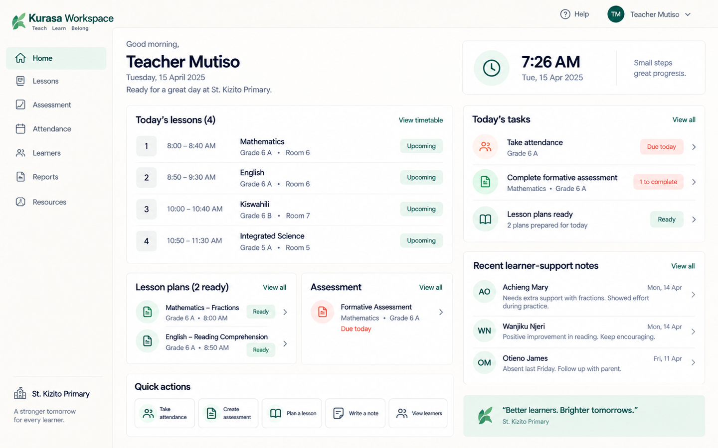 Kurasa Workspace Teacher Home with clock-in, assessments, and attendance for the day.