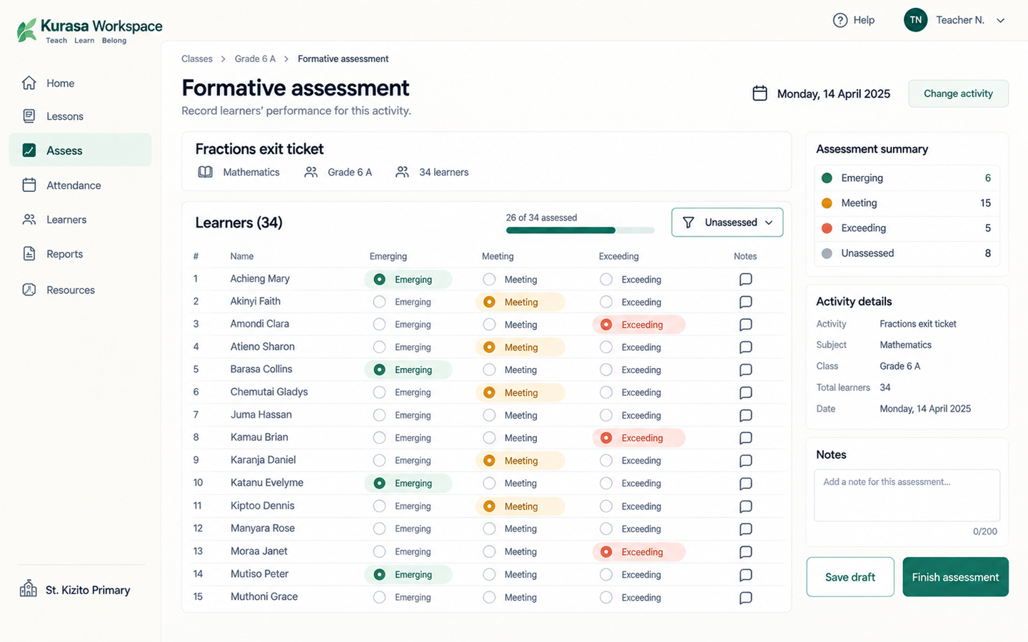 Kurasa Workspace formative assessment screen for marking a class.