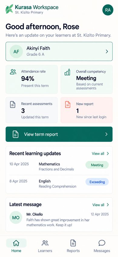 Kurasa Workspace parent view of learners on a phone.