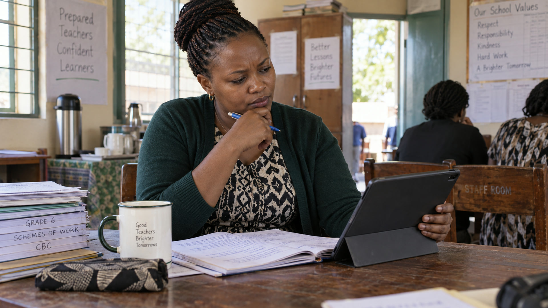 A teacher edits a lesson on a tablet with notes already on paper.
