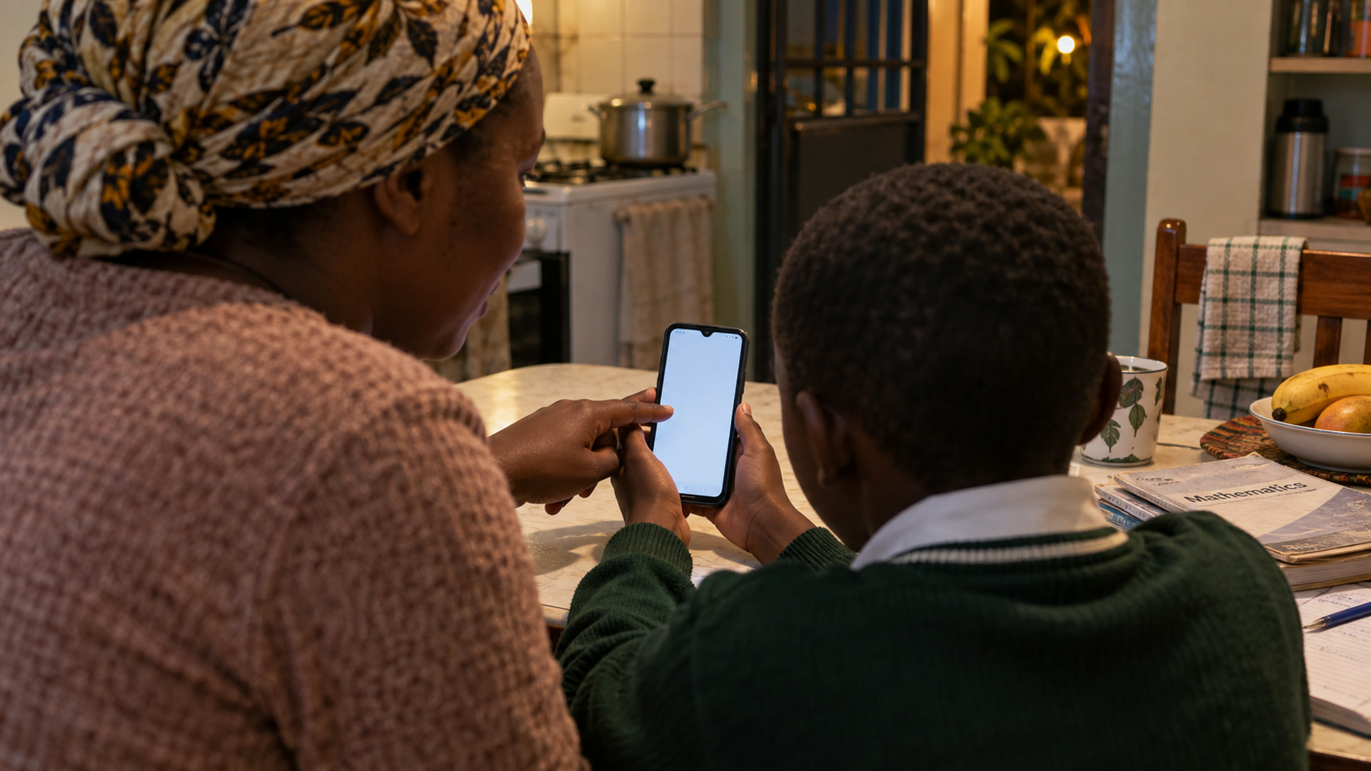 A child and parent sit at a kitchen table with a phone showing a daily challenge.
