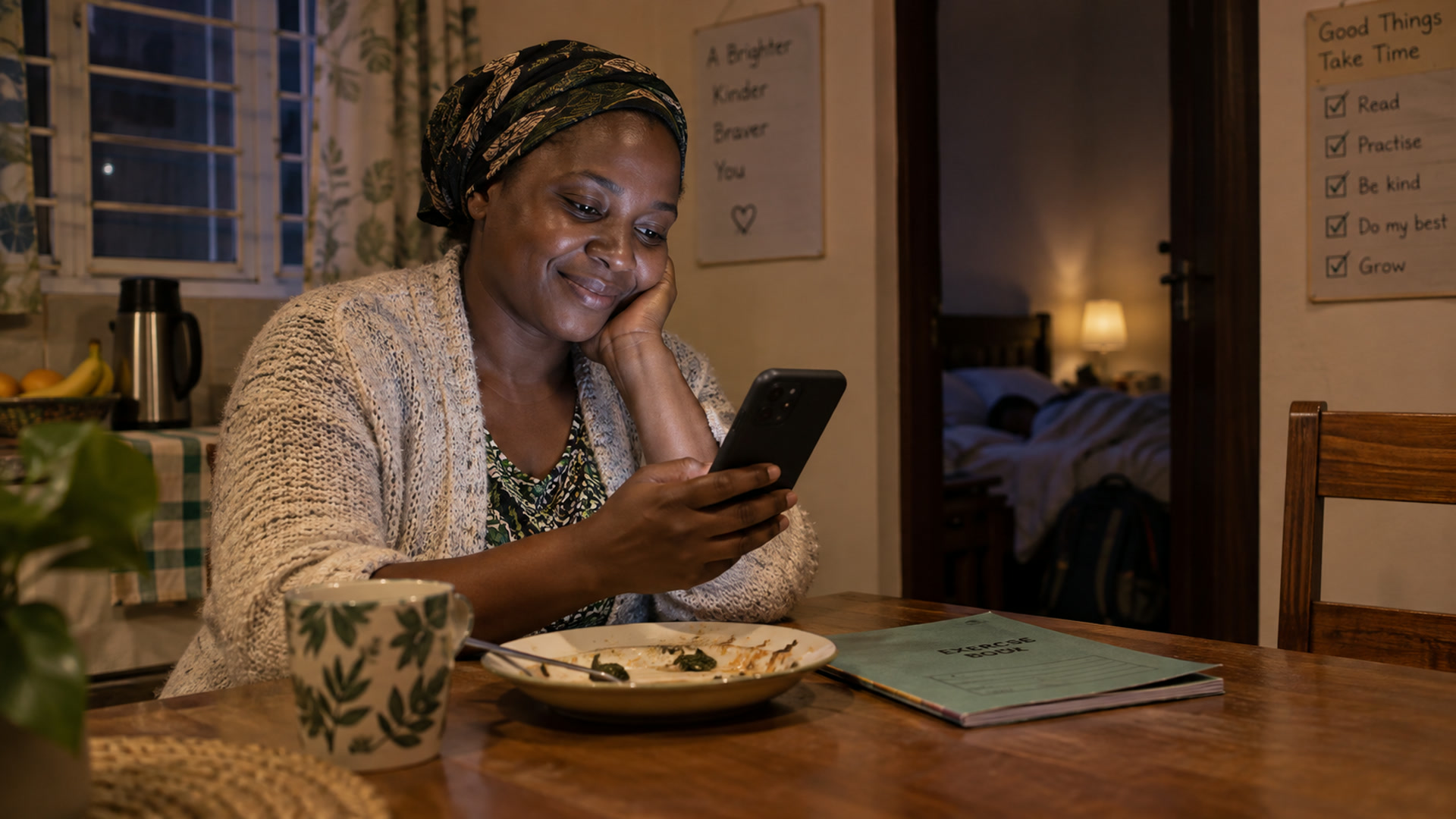 A parent checks a progress update on a phone after the child has gone to bed.