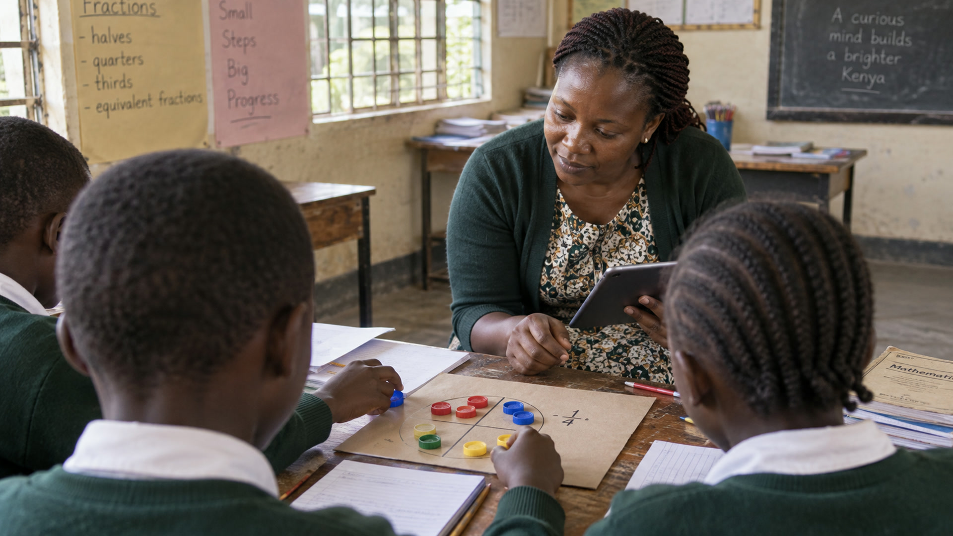A teacher glances at a tablet while learners work in a small group.