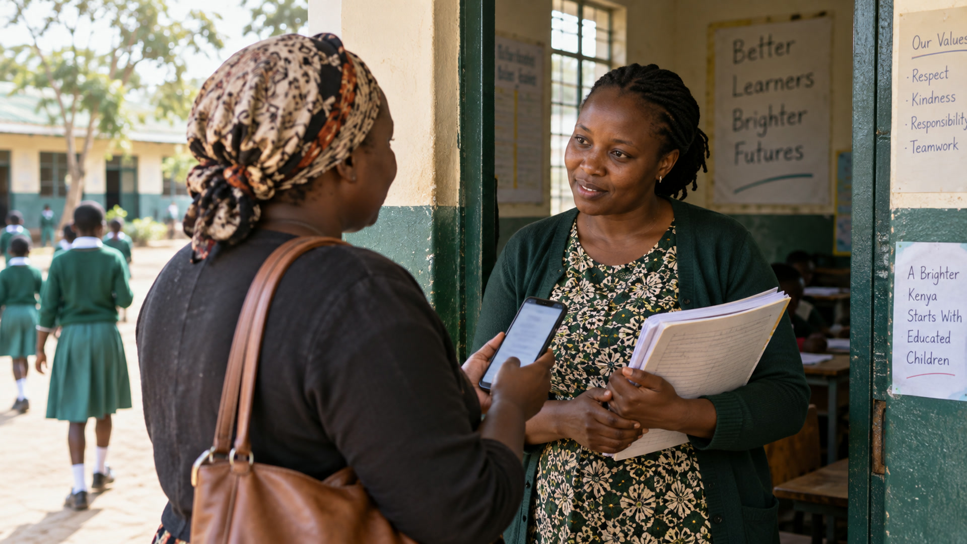 A parent and teacher speak at the classroom door while a phone shows the weekly update.