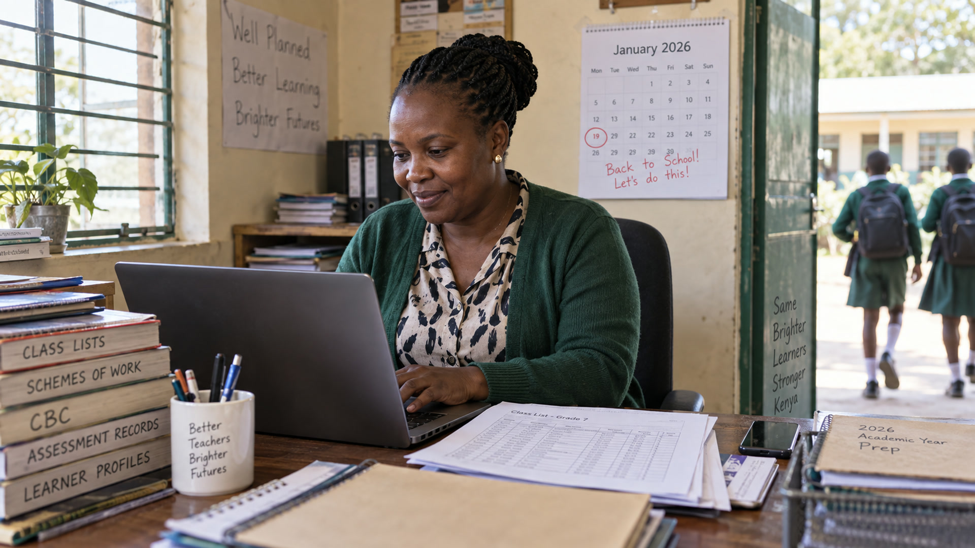 A deputy head adds classes on a laptop with a printed class list beside it.