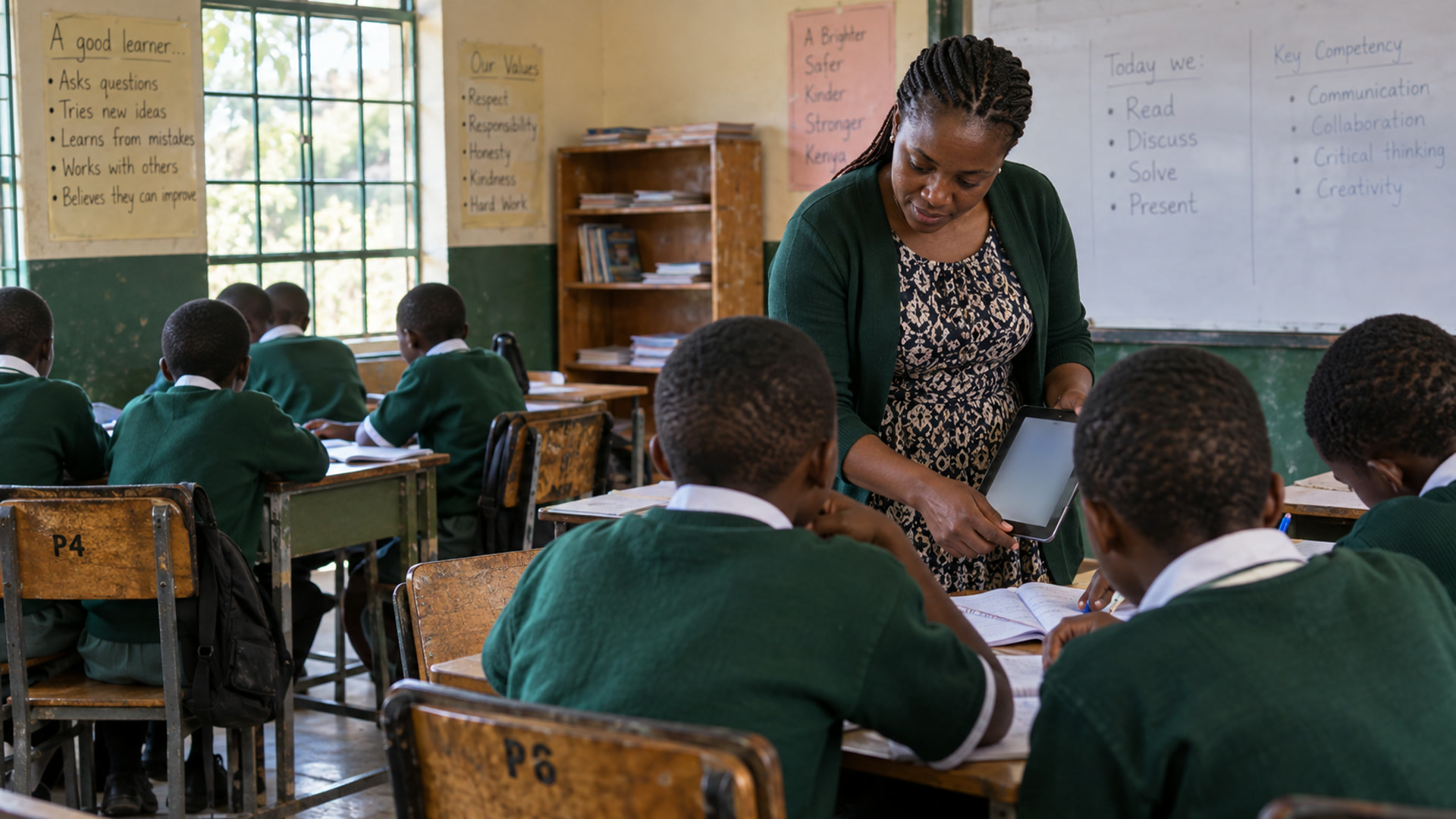 A teacher moves between groups with a tablet during the lesson.