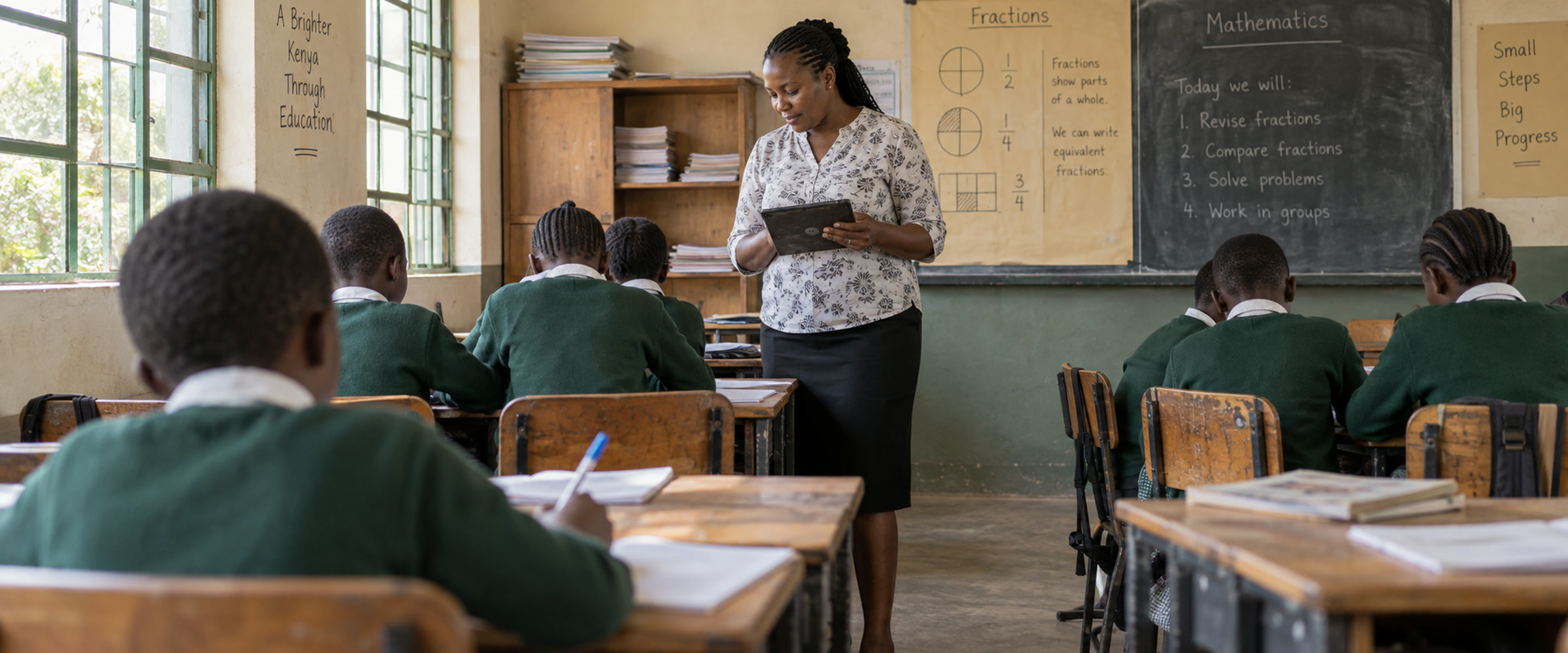 A Kenyan primary teacher stands among learners at the start of a mathematics lesson.
