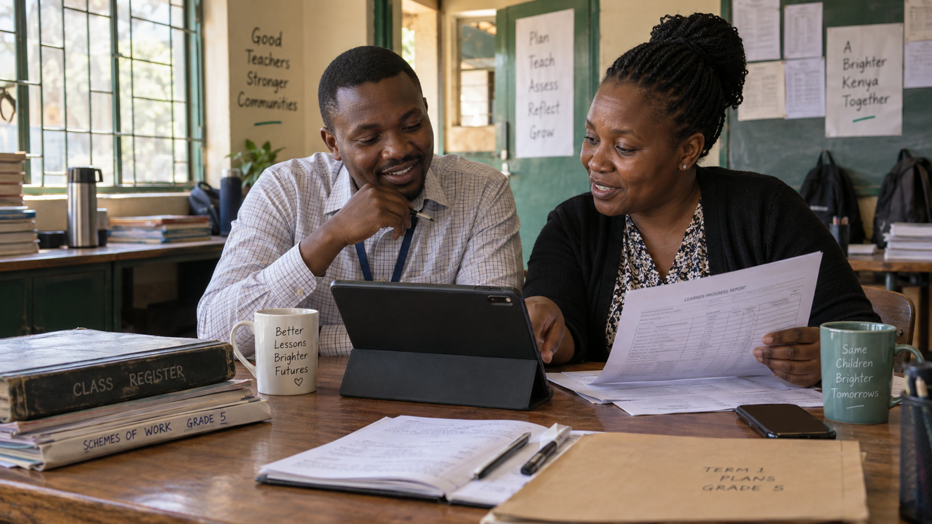 A composite-feeling but real staffroom: plans, register and reports in one place.