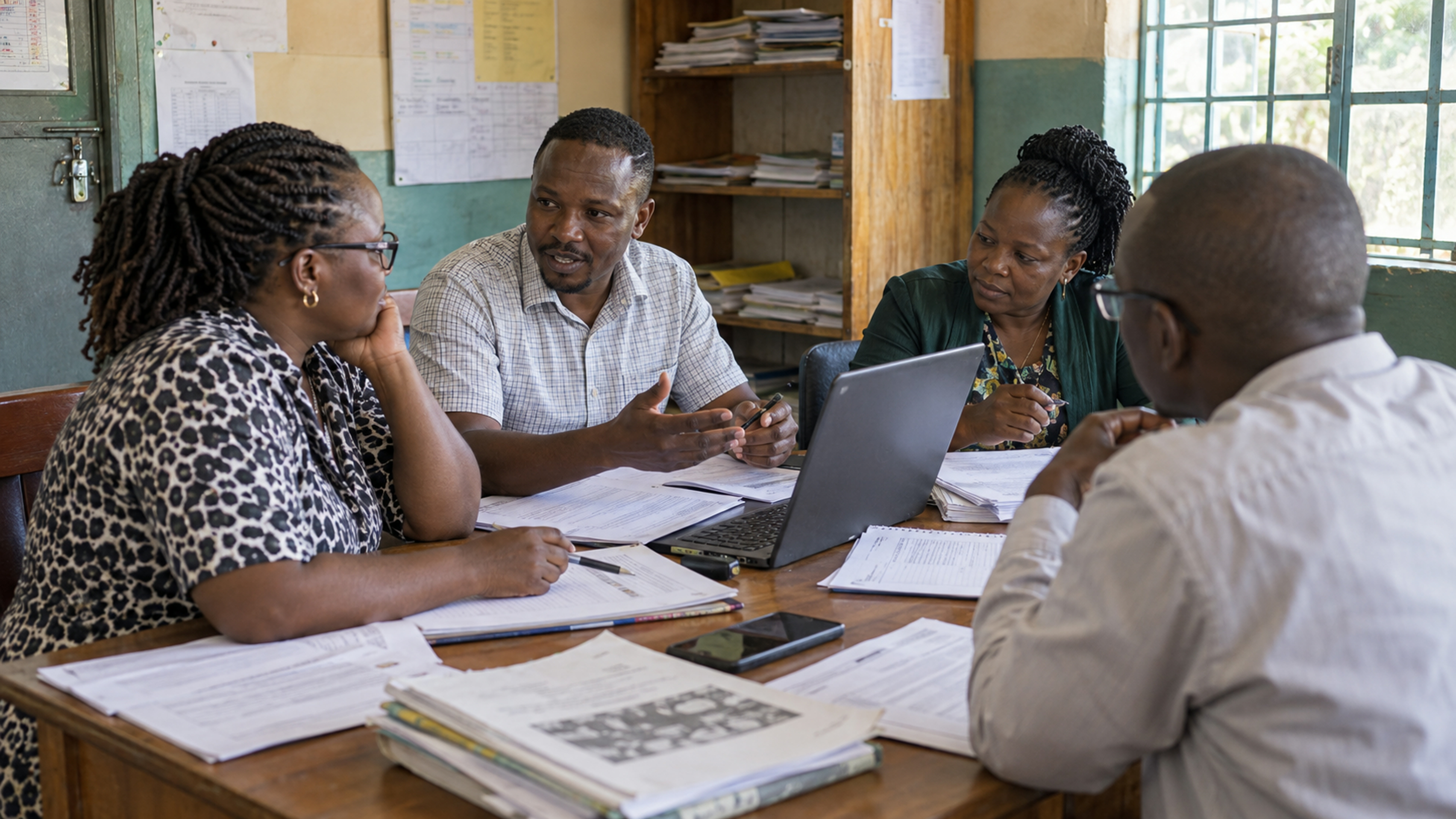 A handful of adults around a school office table.