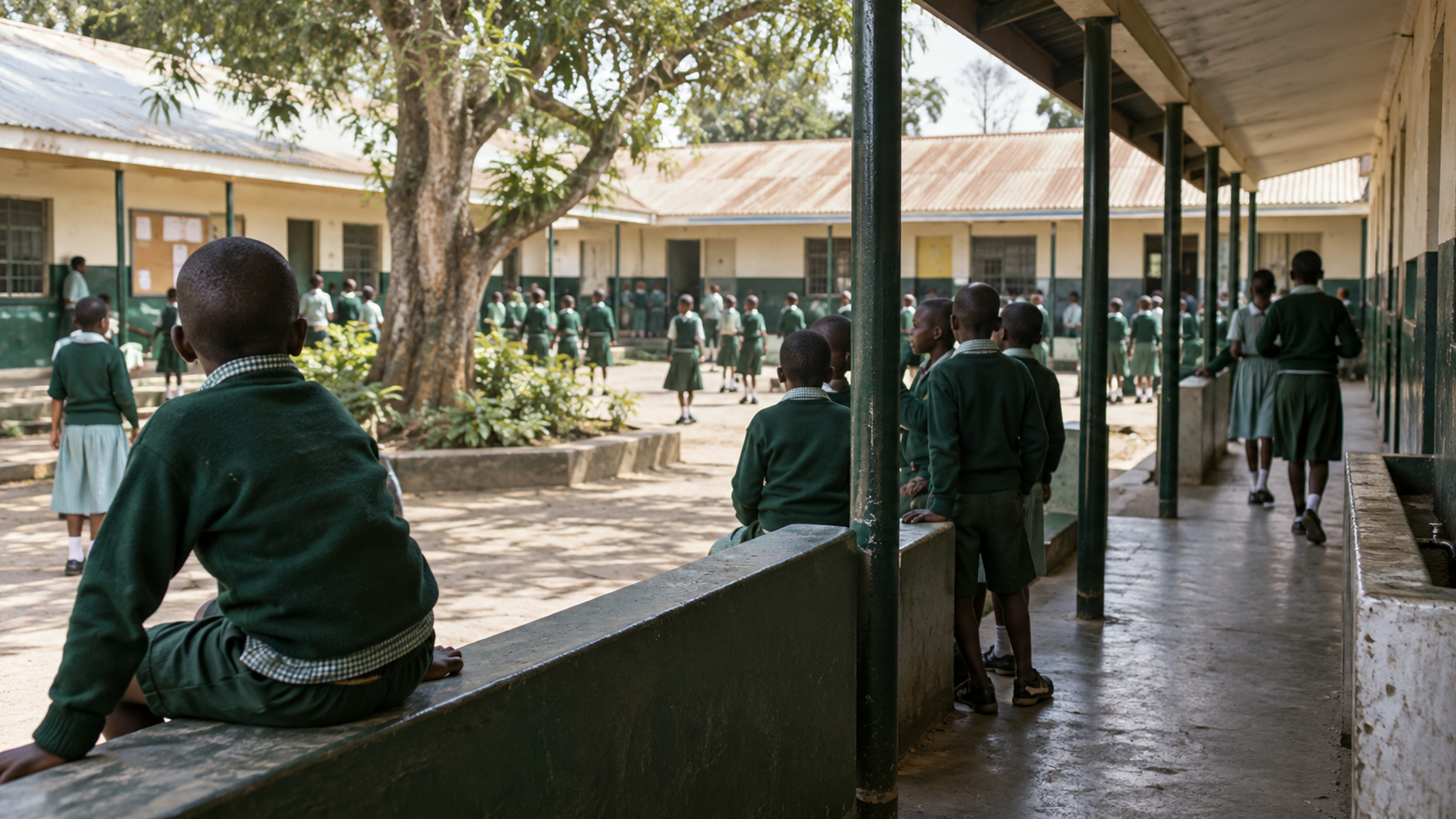 A Kenyan primary courtyard between lessons, 2023 feeling.