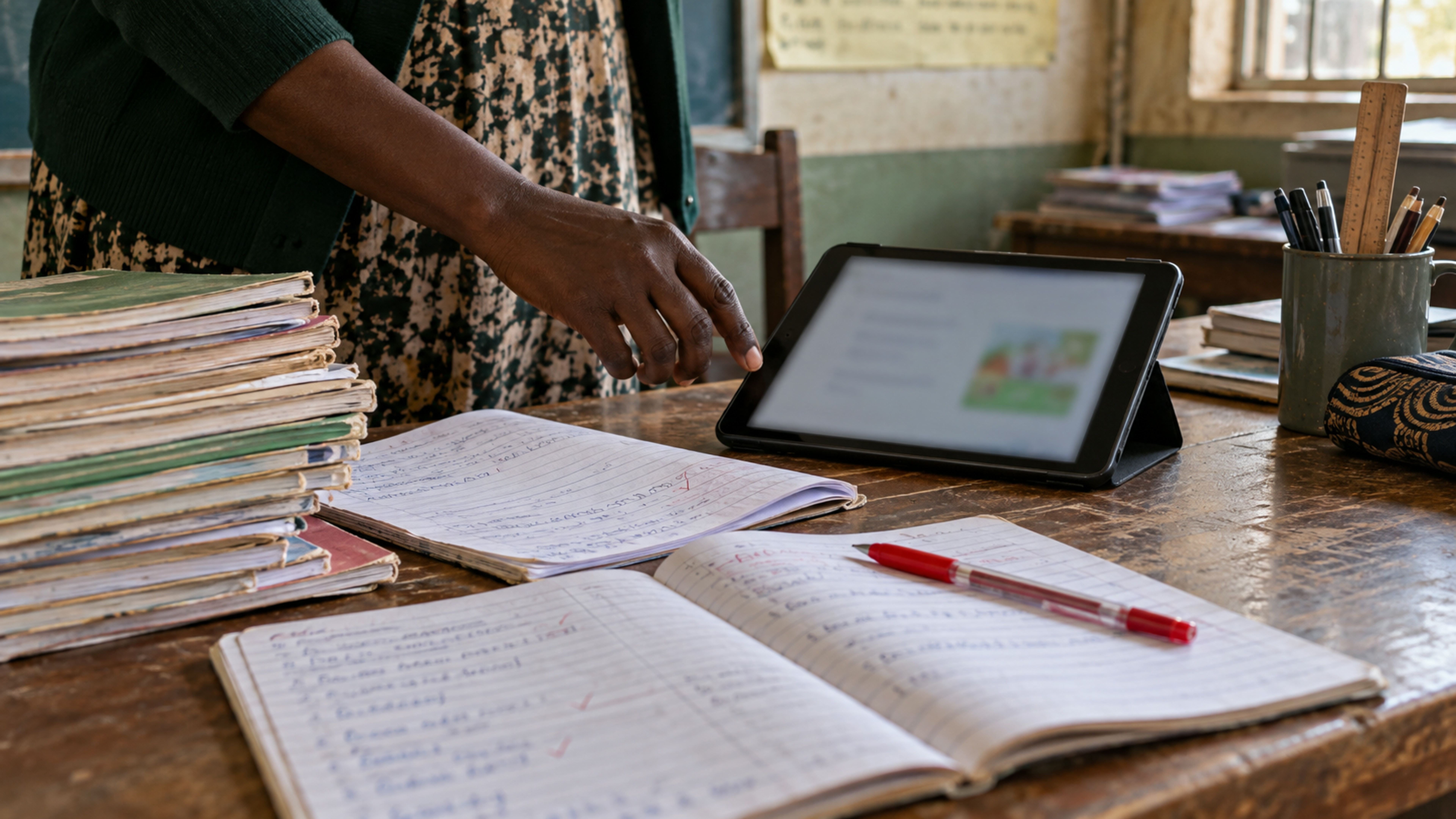 Open exercise books beside a tablet with a blurred lesson screen.