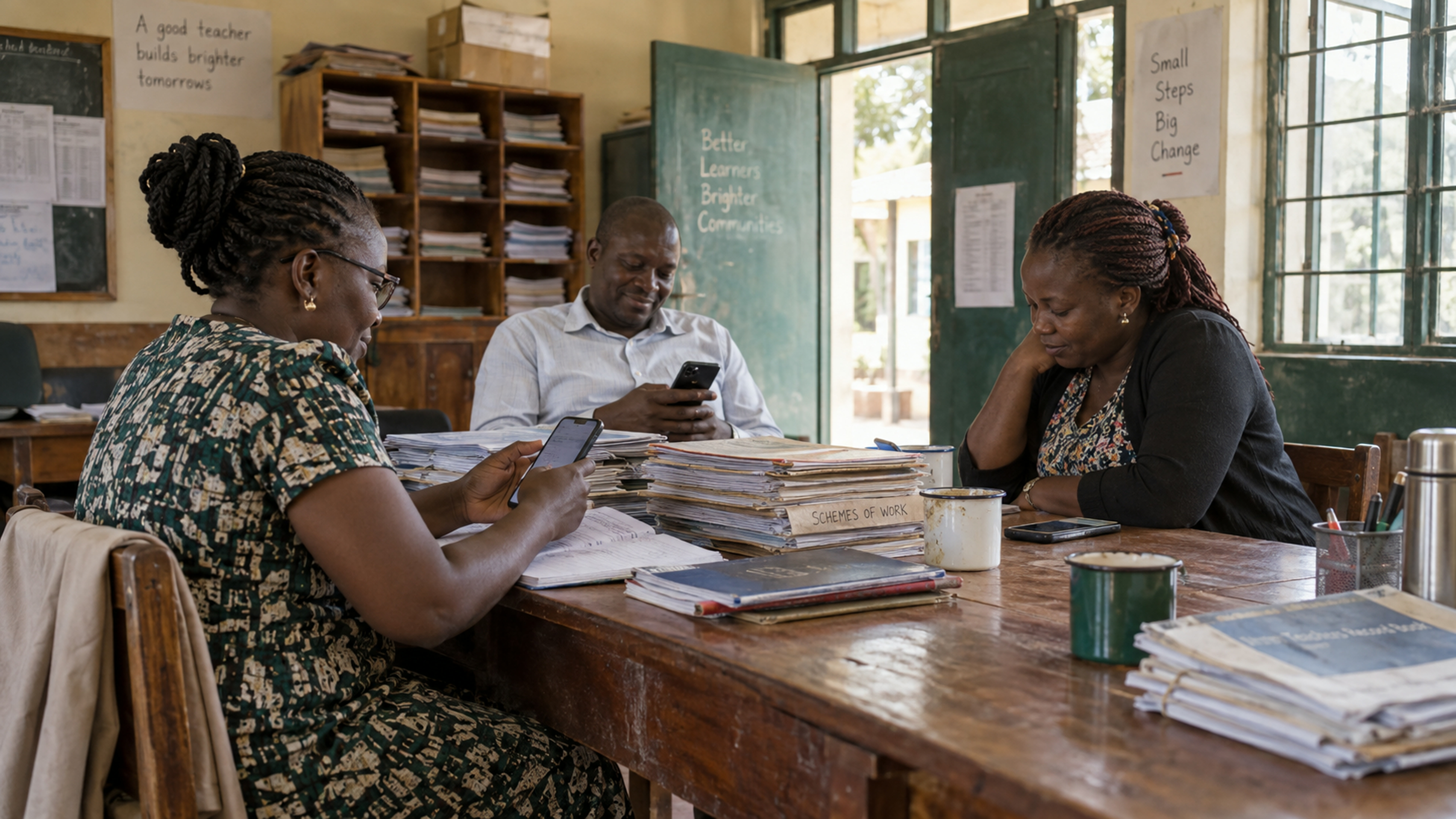 Adult Kenyan teachers at a long staffroom table with worn Android phones; no call-centre headsets.