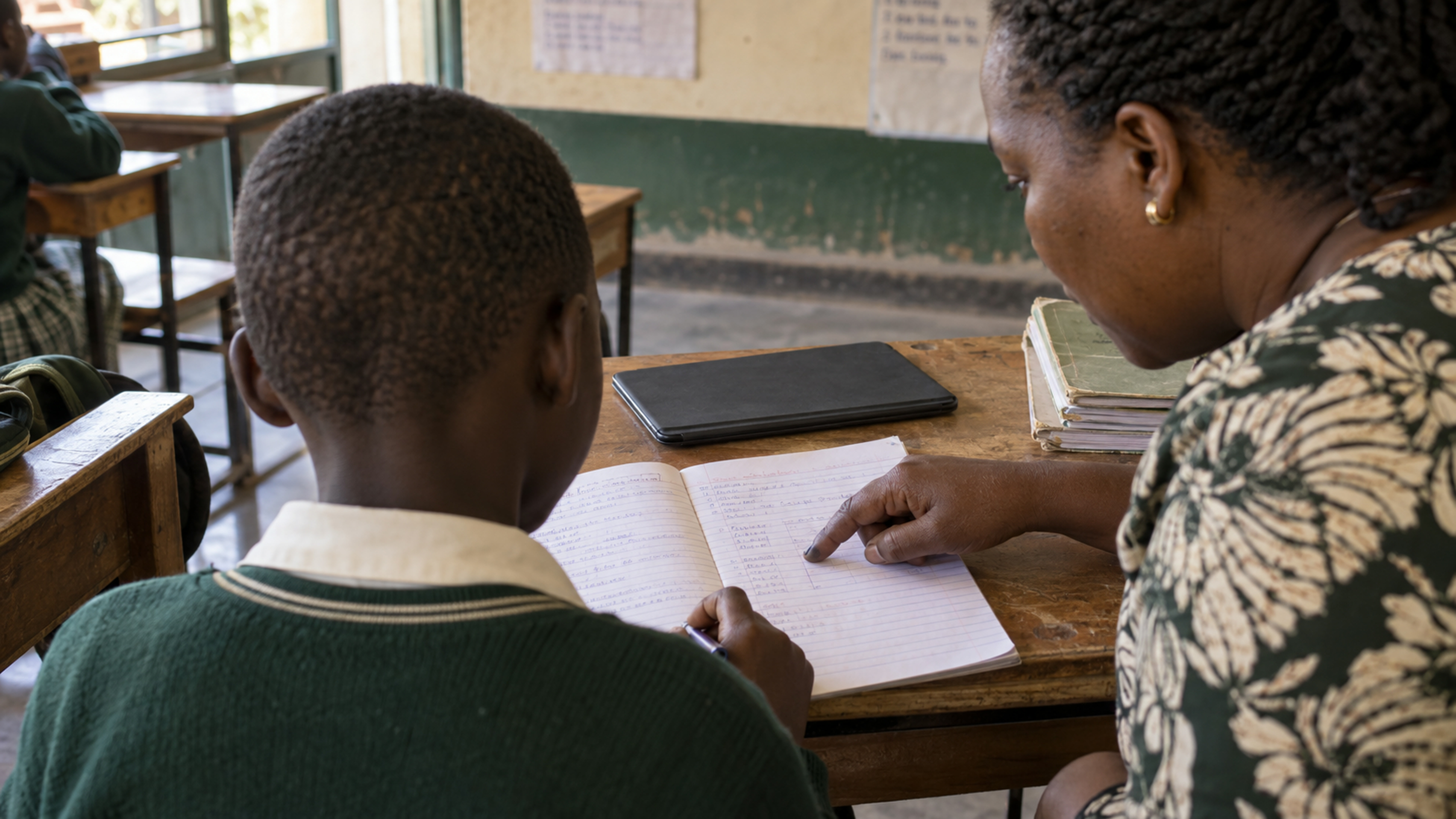 A teacher and one learner at a desk, over-shoulder on the child.