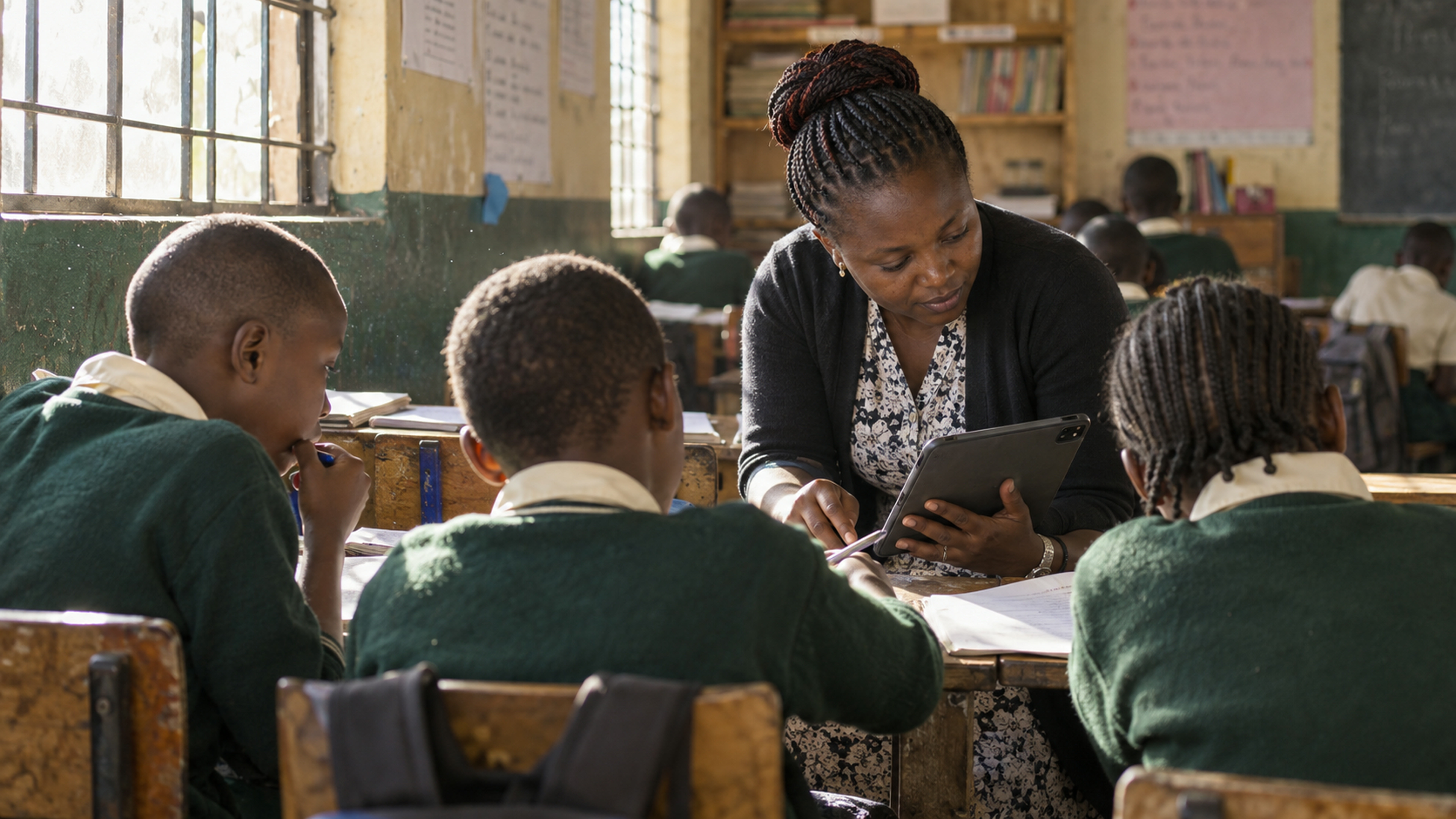 A teacher glances at a tablet while learners work in a small group.