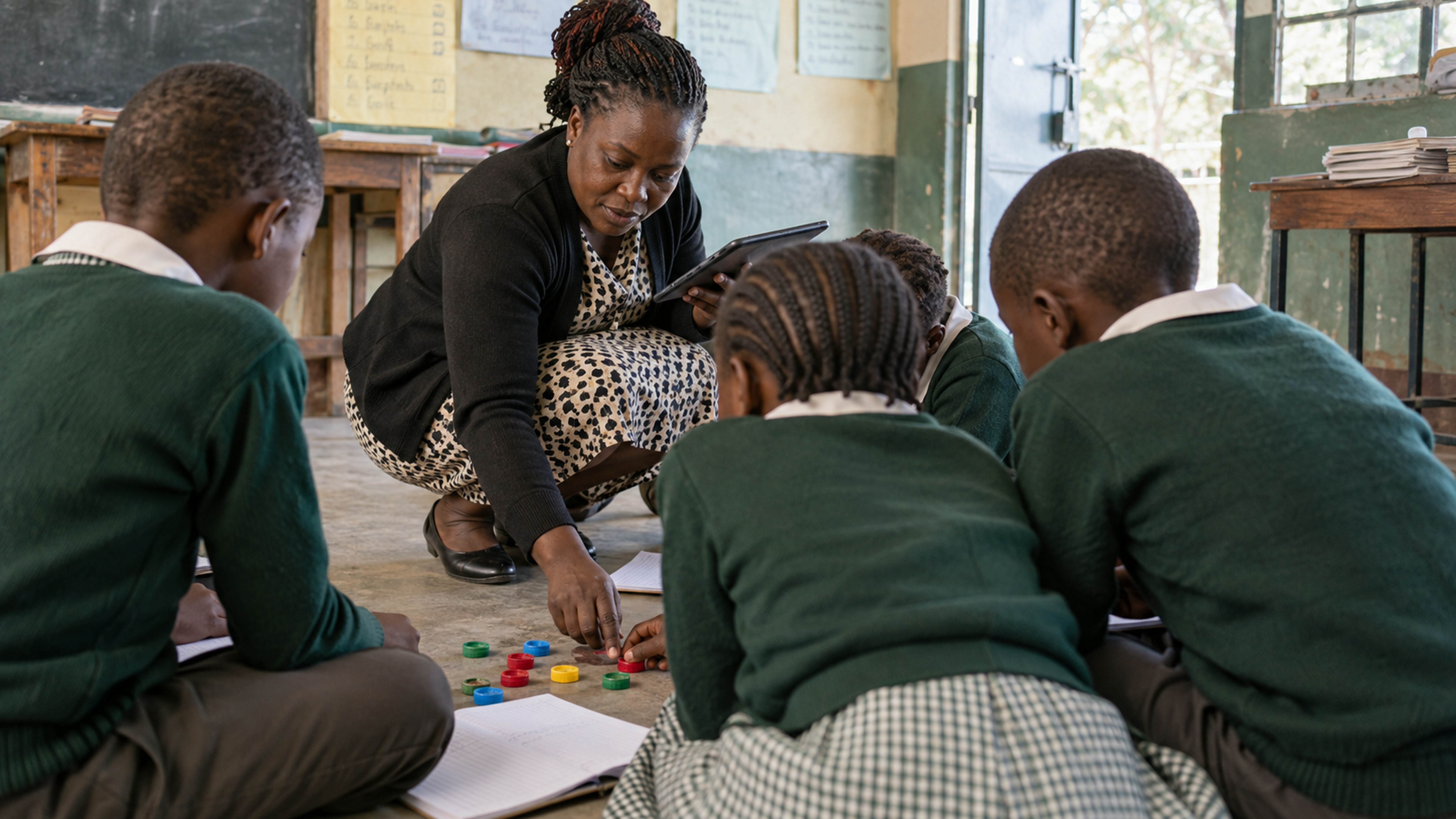 A teacher crouched with a small group, tablet held low.