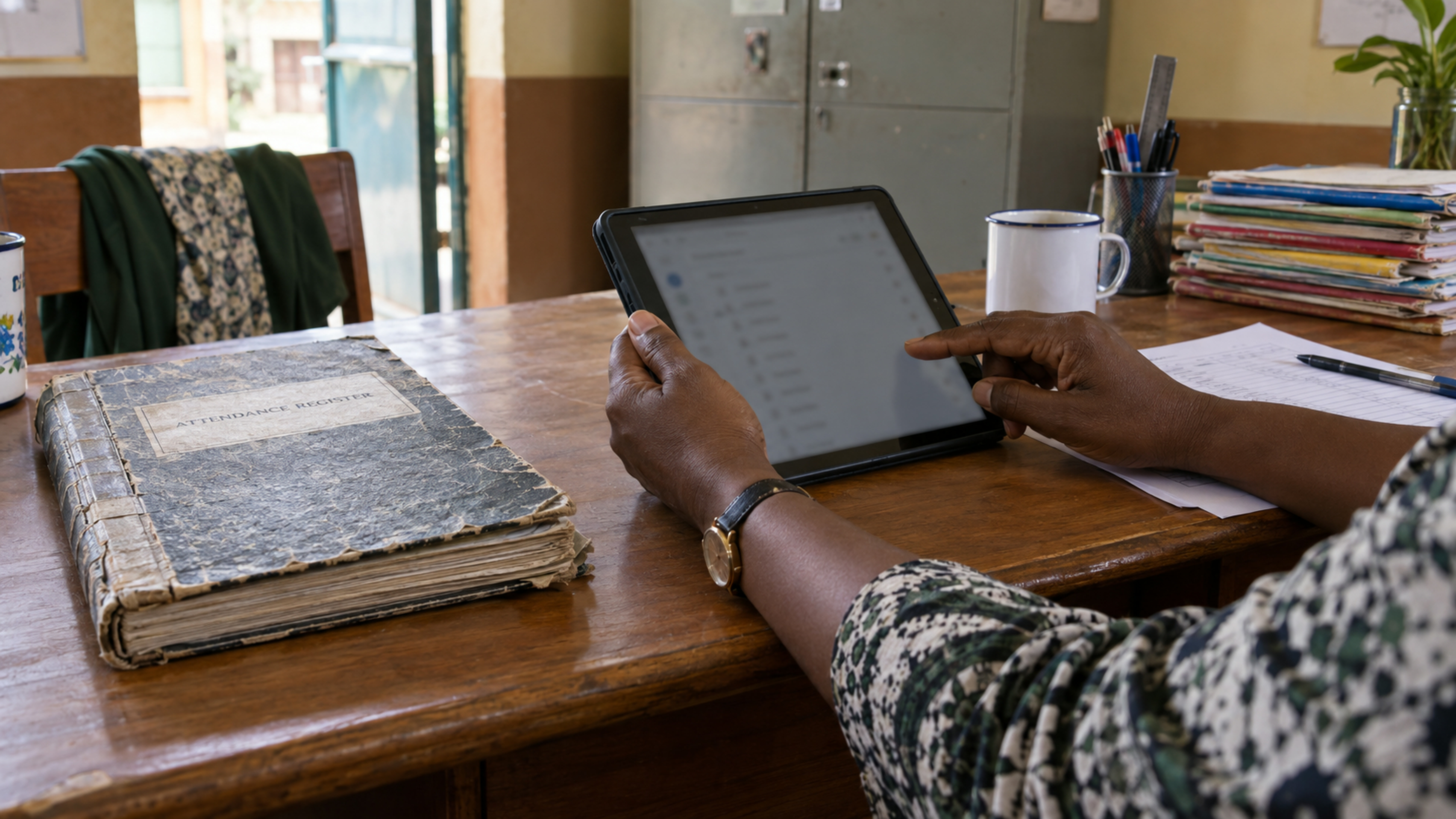 A closed paper attendance register pushed aside beside a tablet.