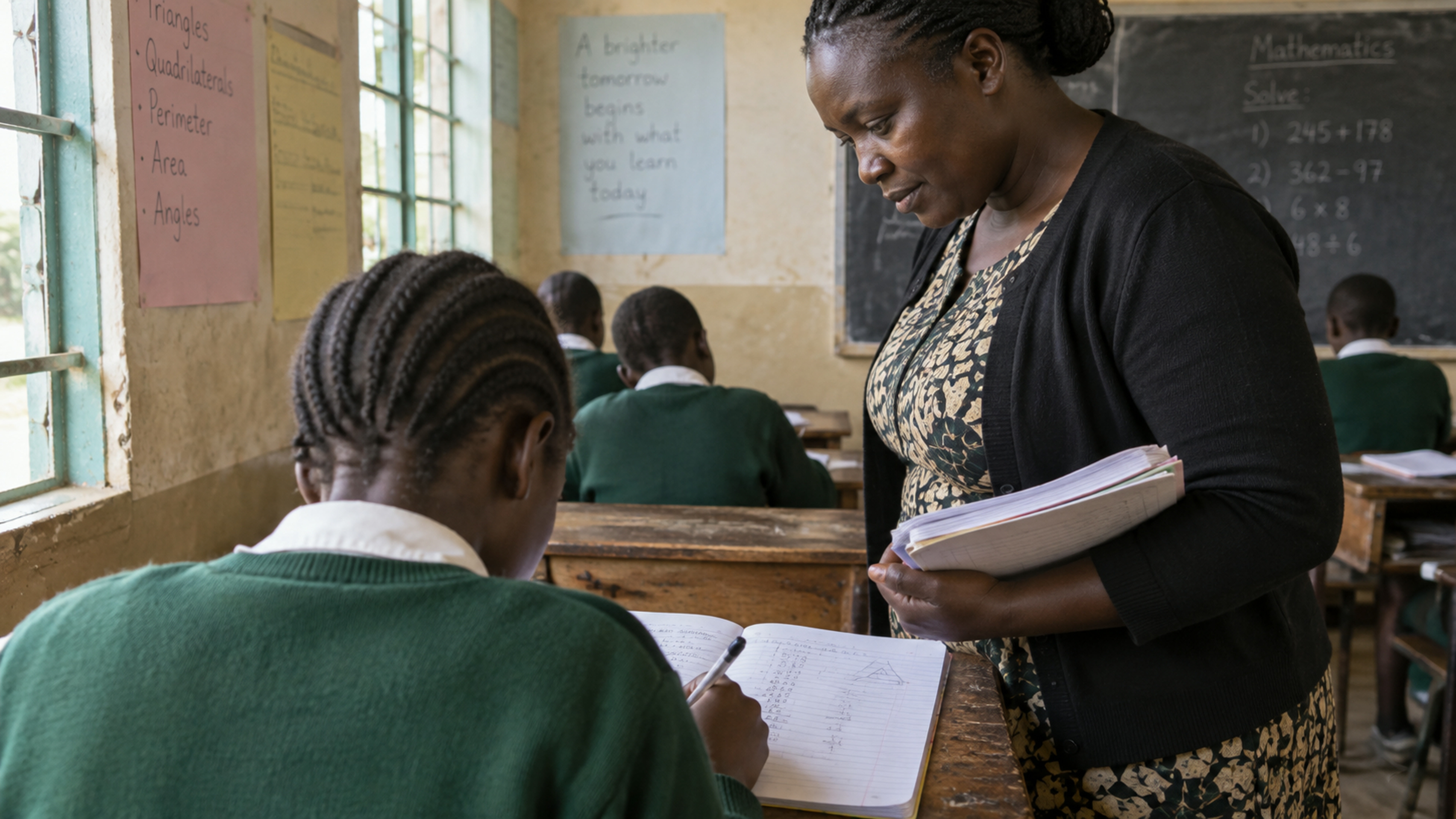 Over-shoulder of a learner working a written problem while a teacher watches.