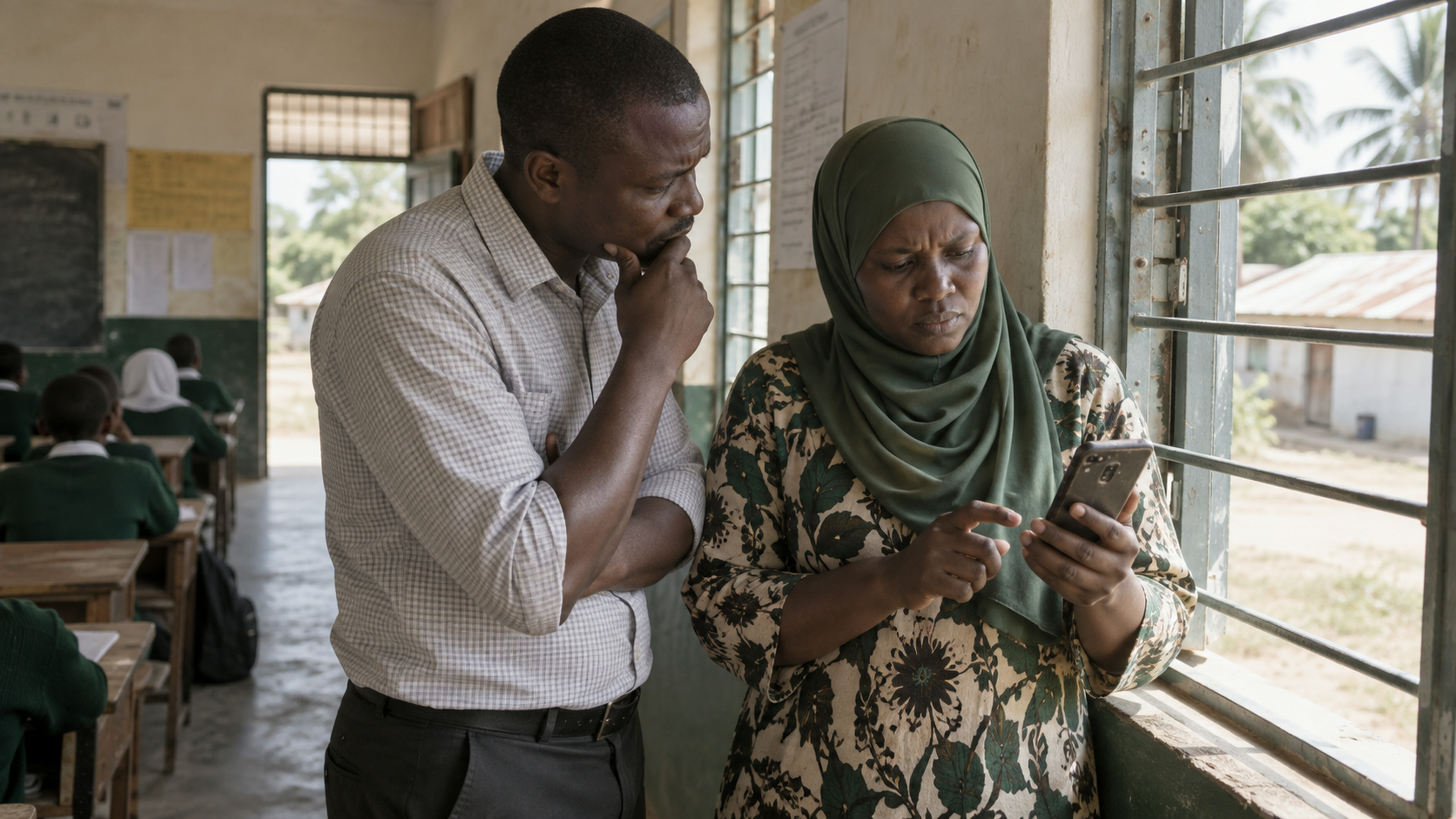 A trainer and a teacher looking at a phone with no signal near a window.