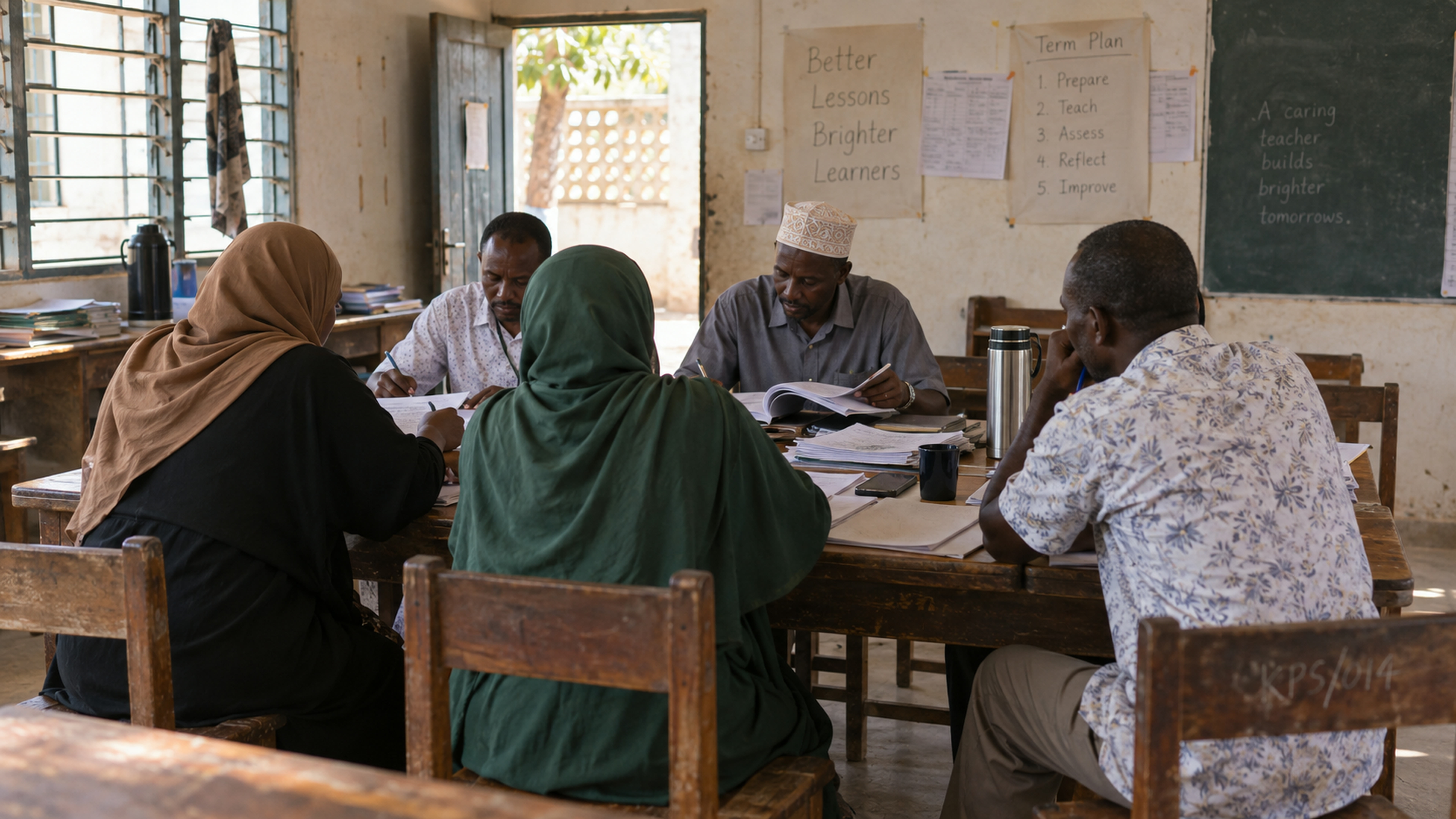 Adult teachers around tables in a coastal Kenyan classroom after hours.