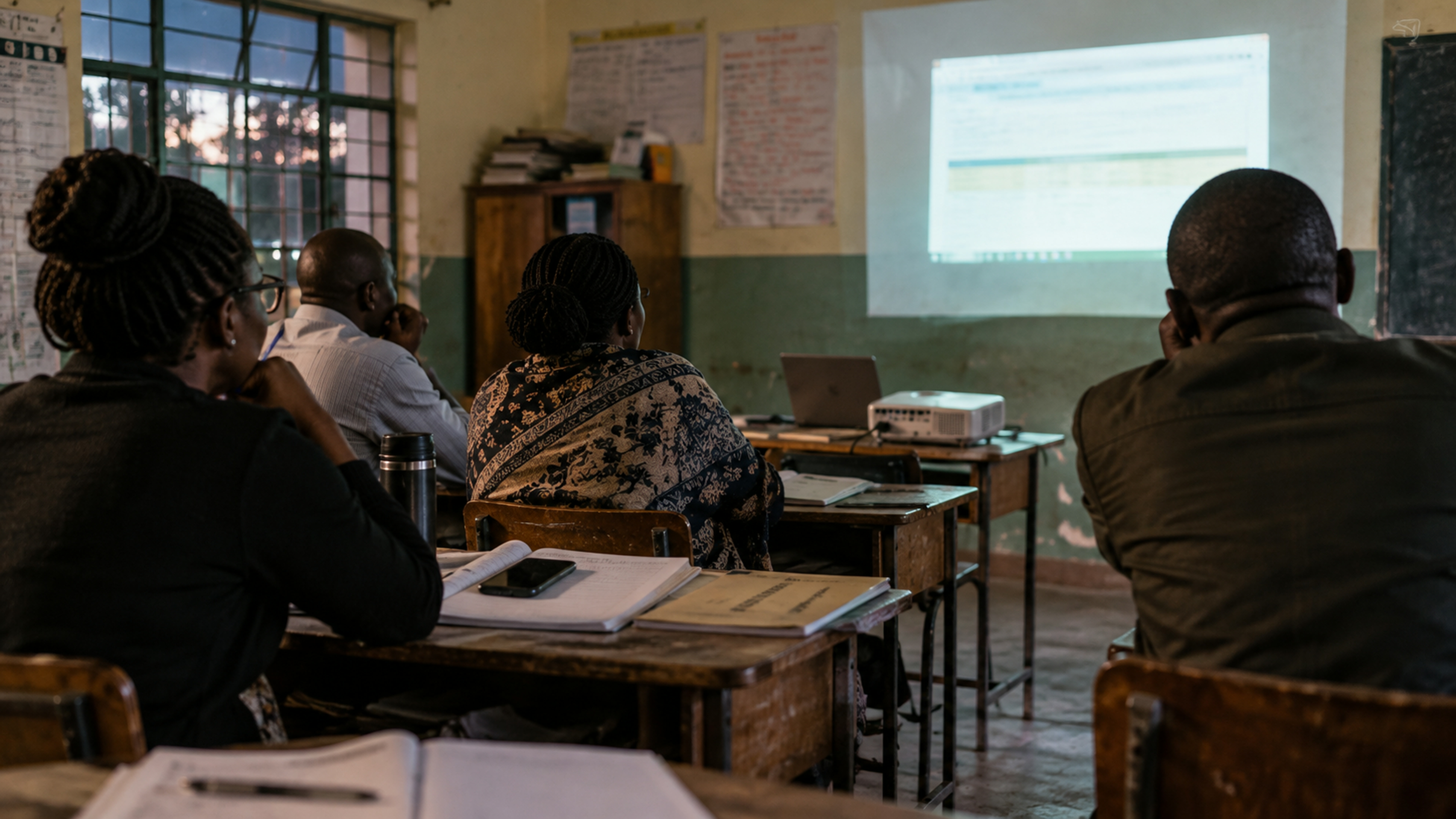 Teachers watching a projector in a classroom after hours.
