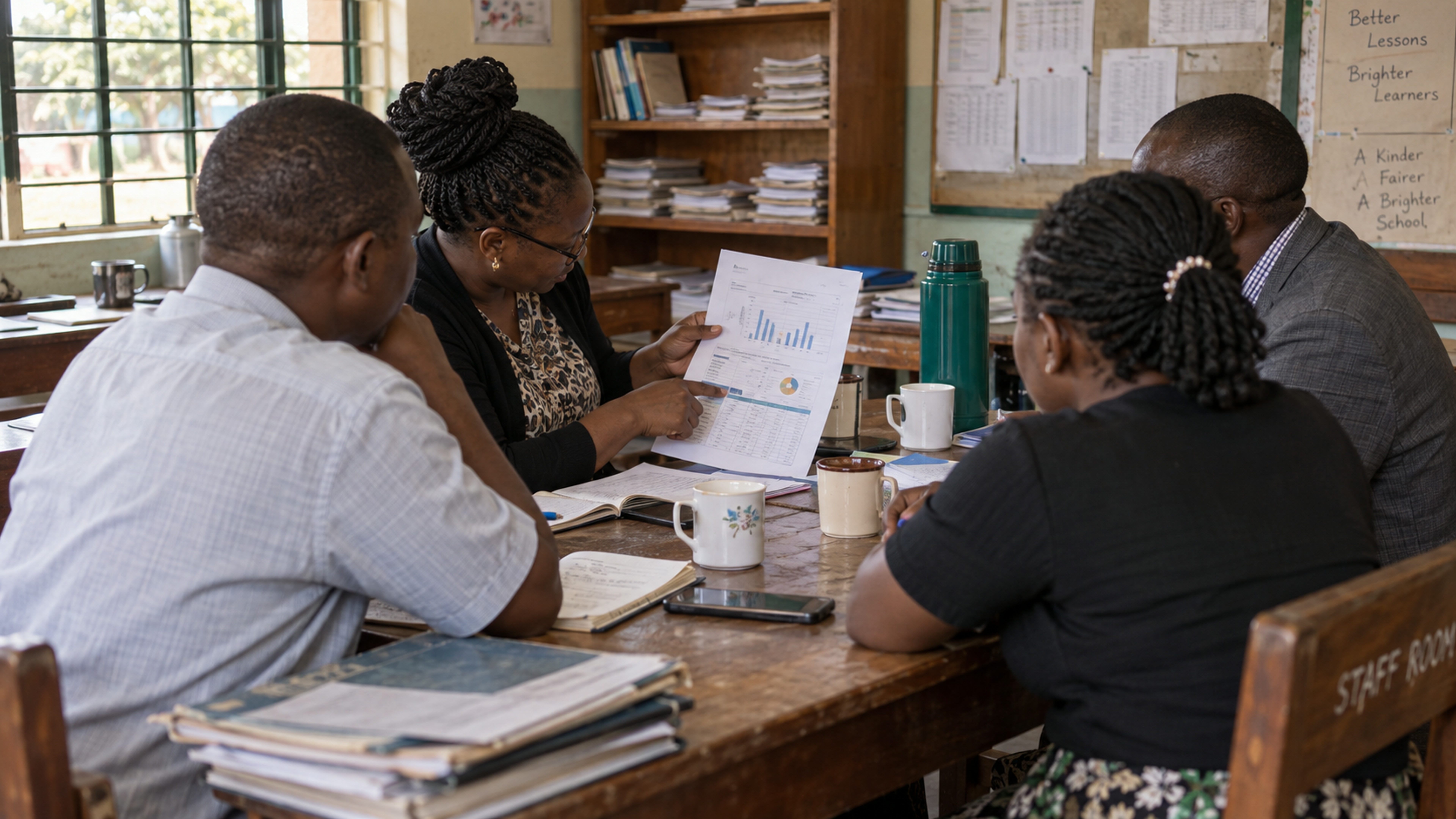 Teachers around a staffroom table with a printed insight report.