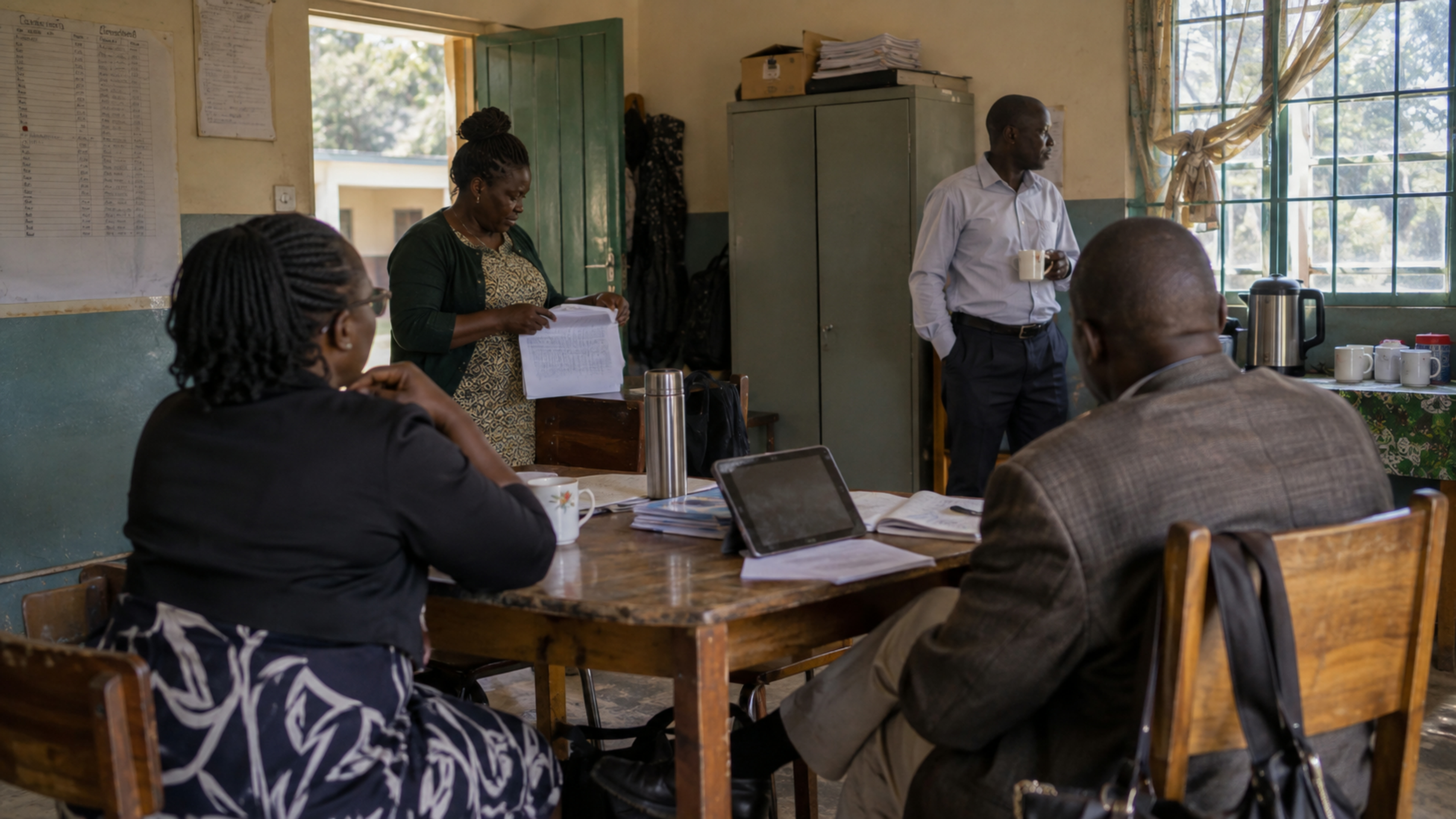 Adult teachers in a small staffroom waiting for a session to start.