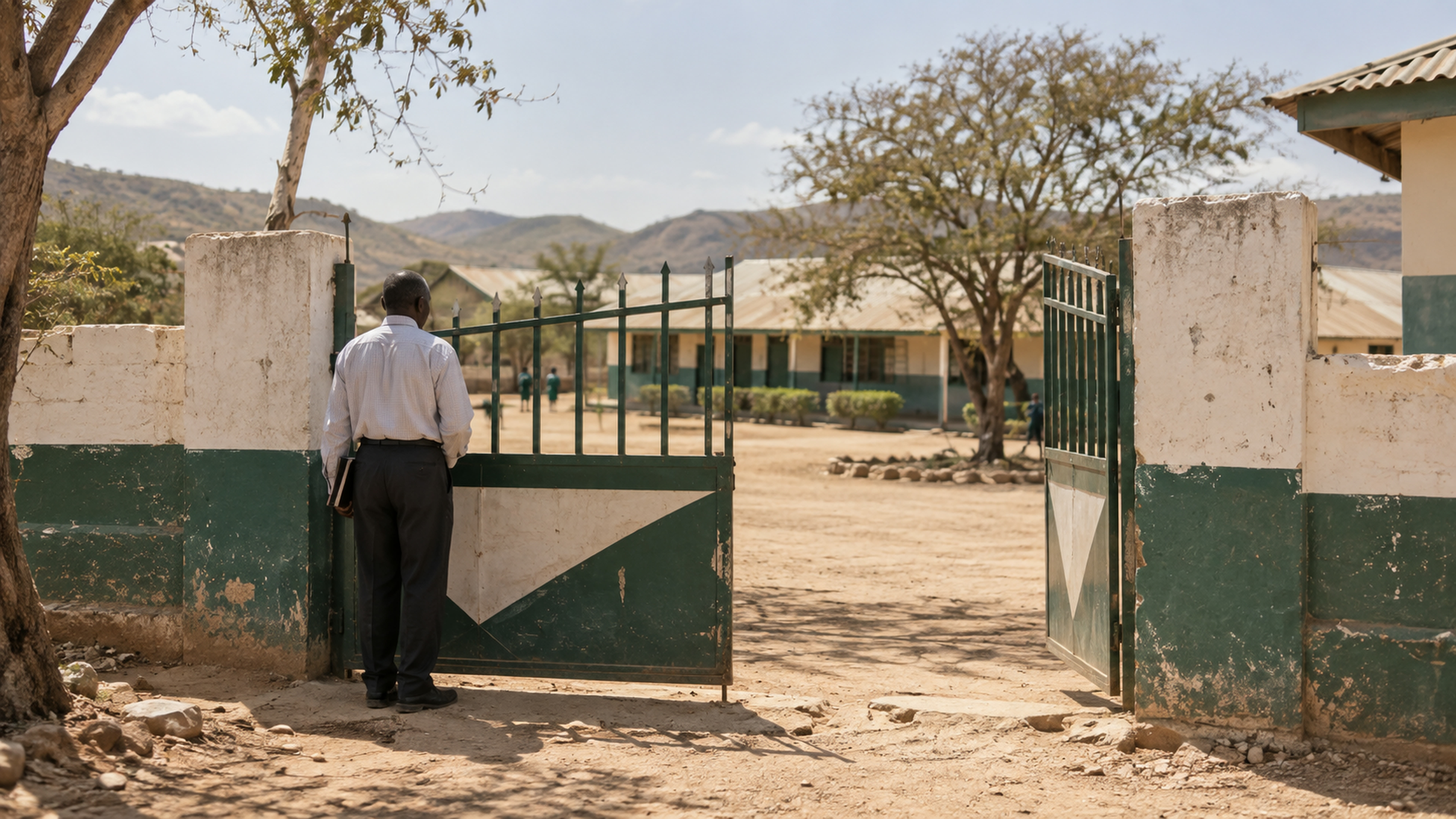 An adult headteacher at a rural school gate in dry country, late morning.