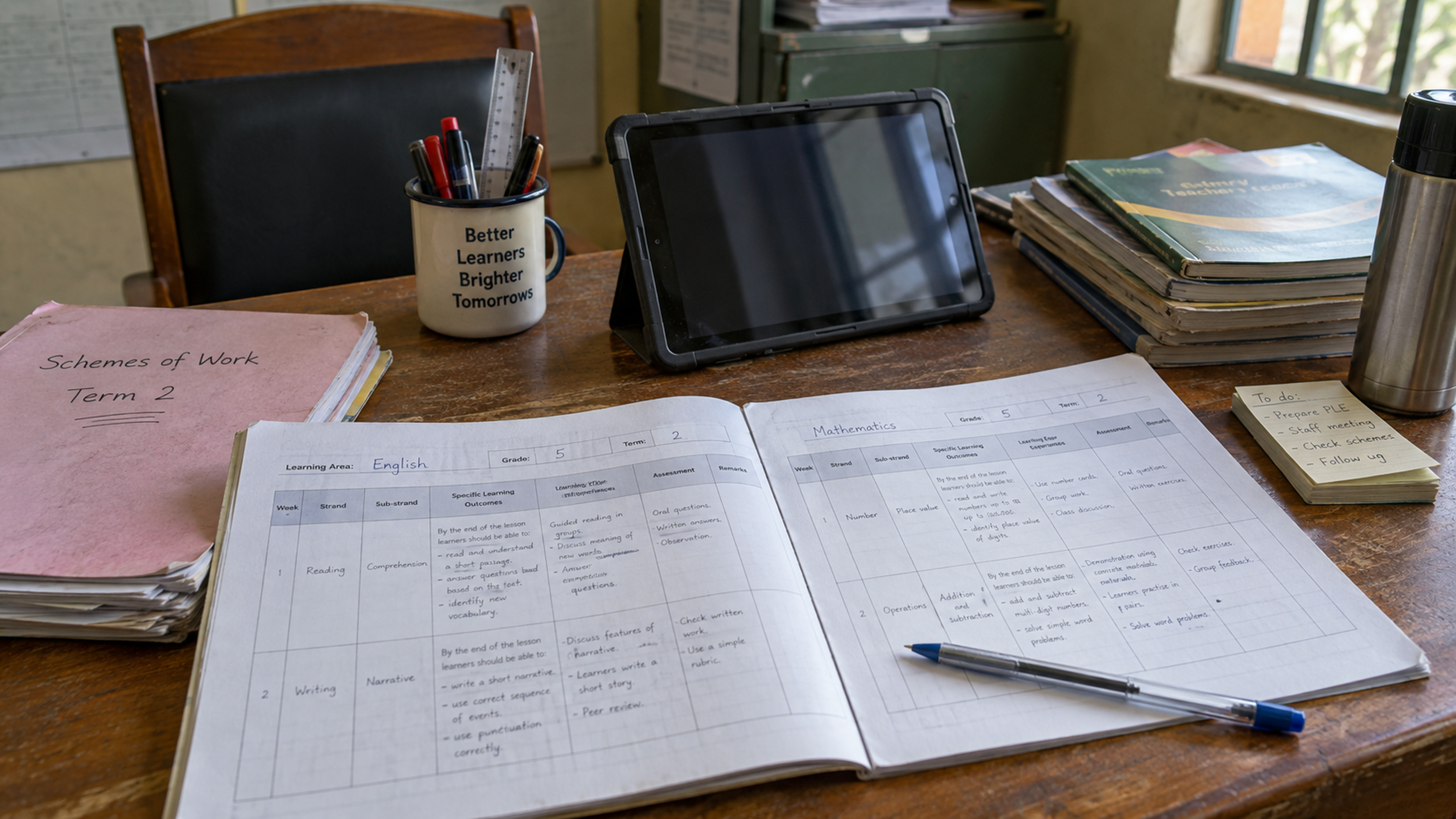 Lesson plans and a tablet laid out on a headteacher’s desk.