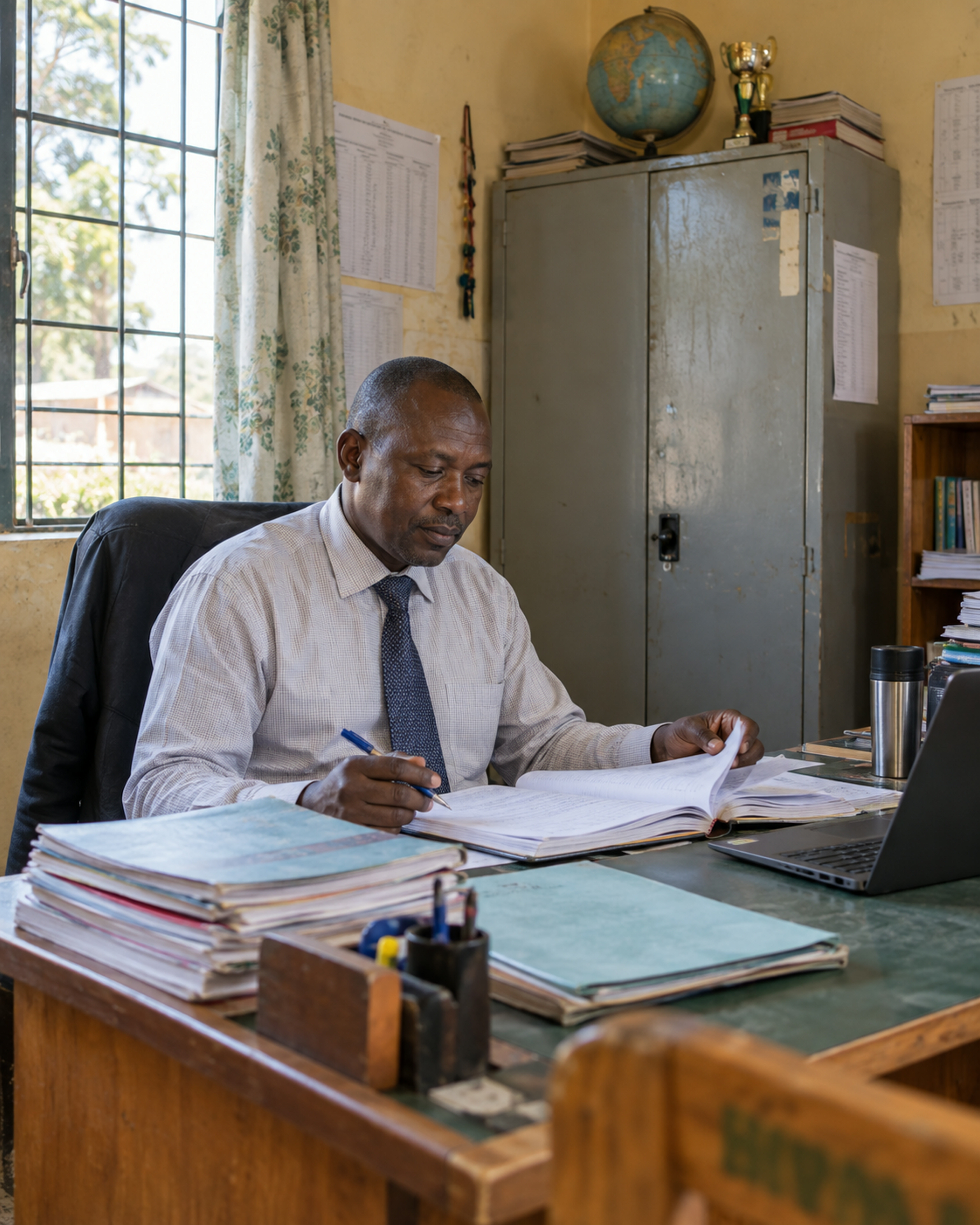 Portrait of an adult Kenyan man in a modest school office.