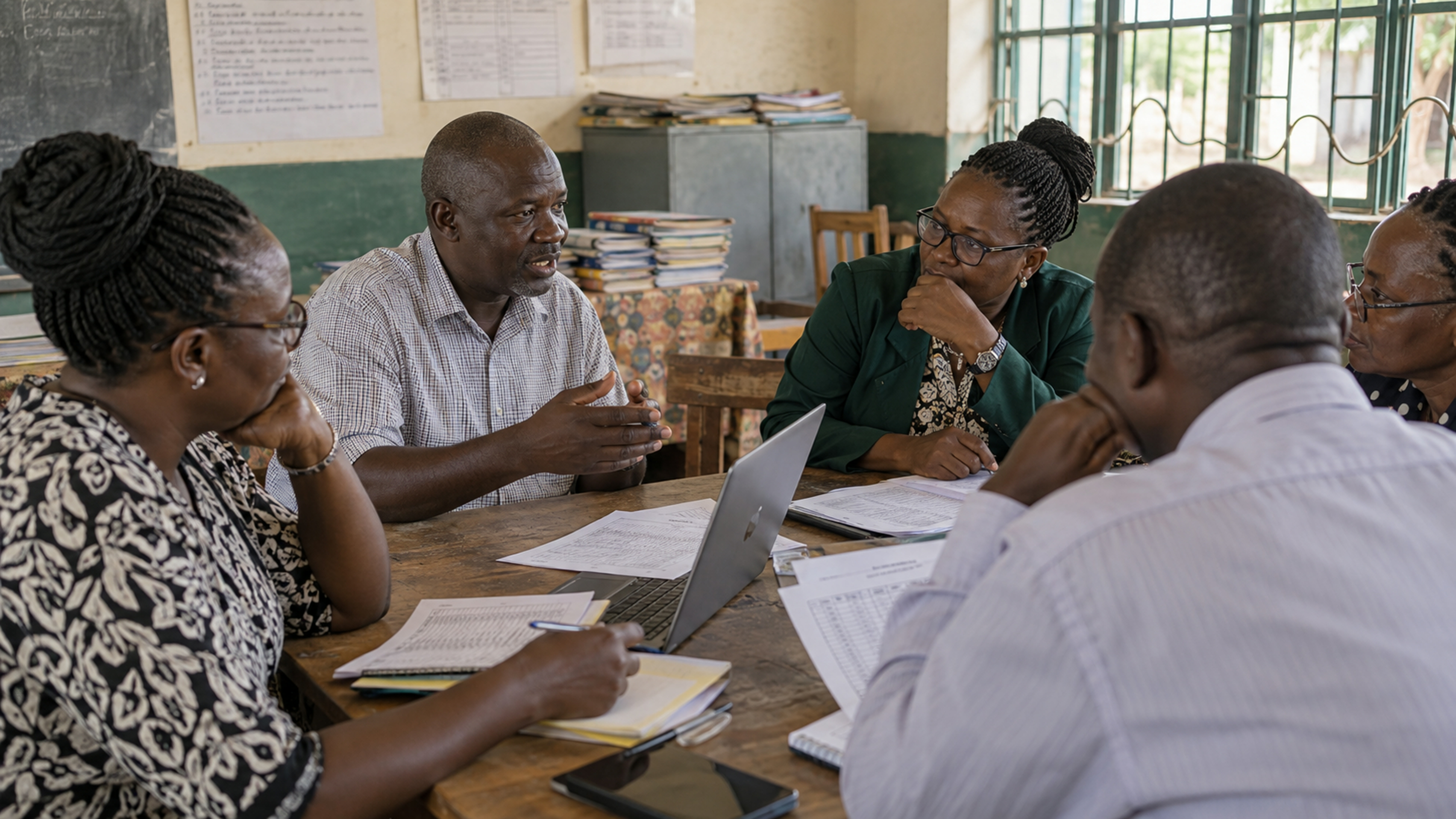 Adult headteachers in conversation at a modest county meeting, not a campaign stage.