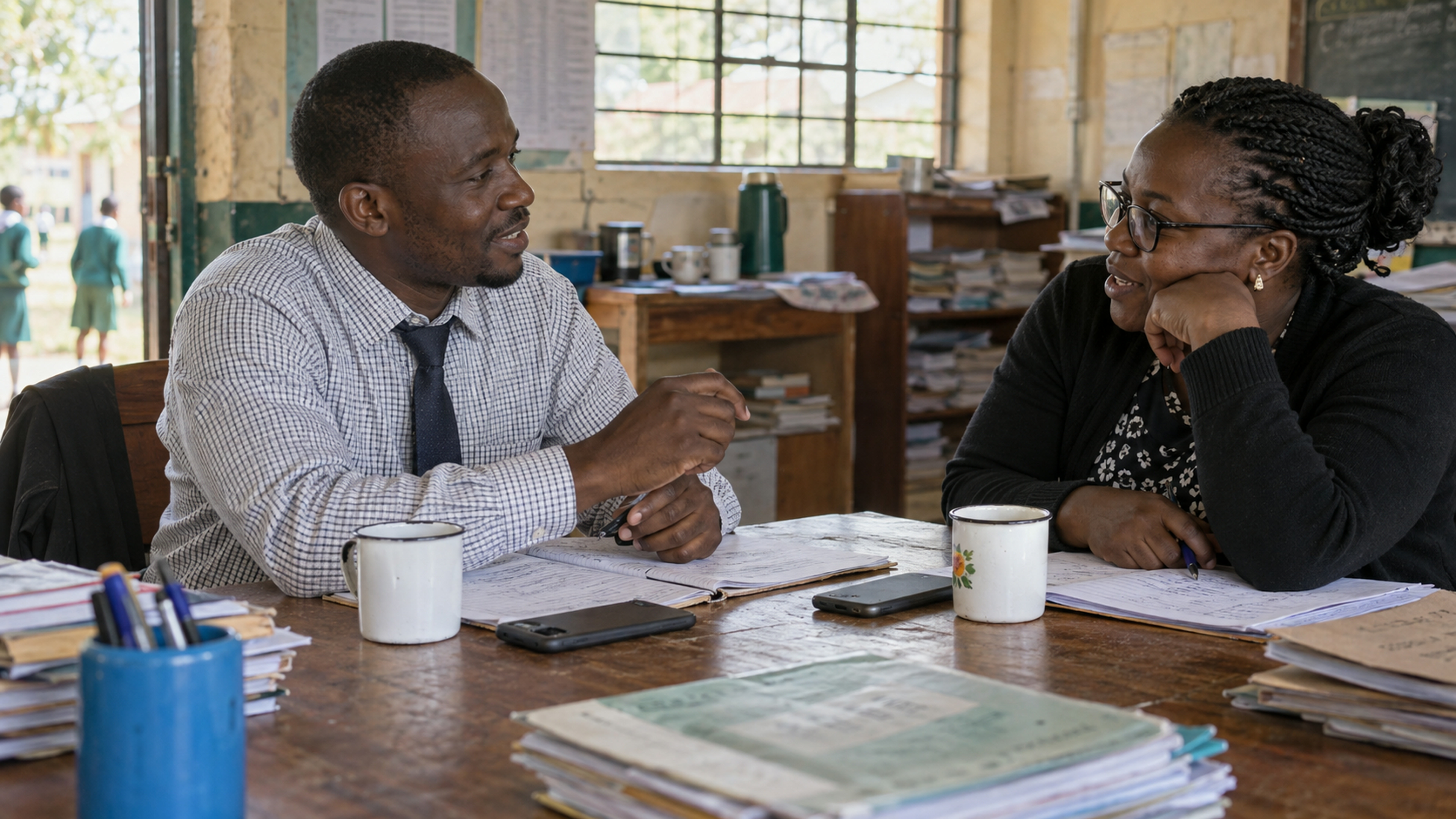 Two teachers compare notes at a staffroom table, phones face down.