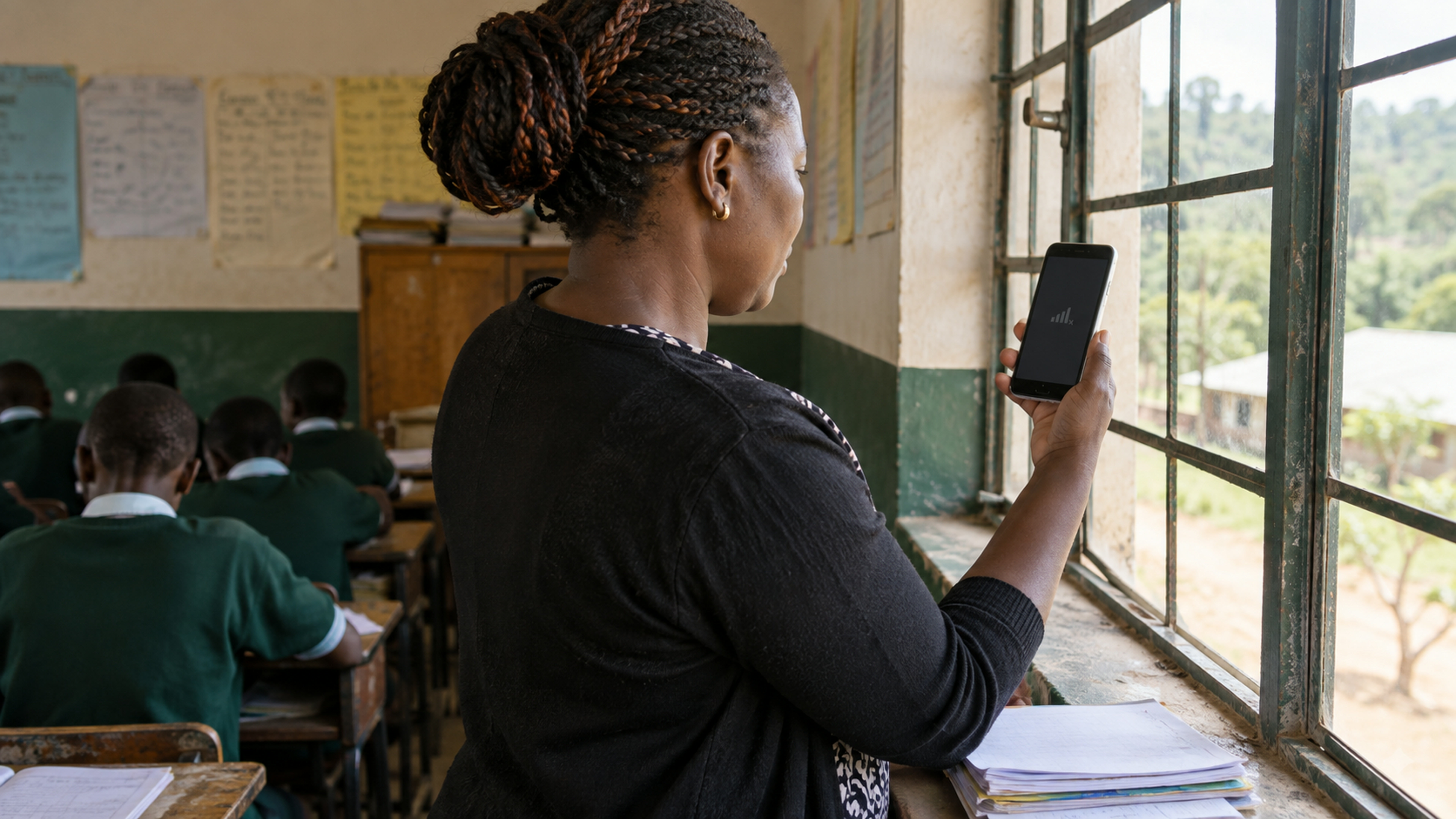 A teacher holds a phone with no signal at a classroom window.