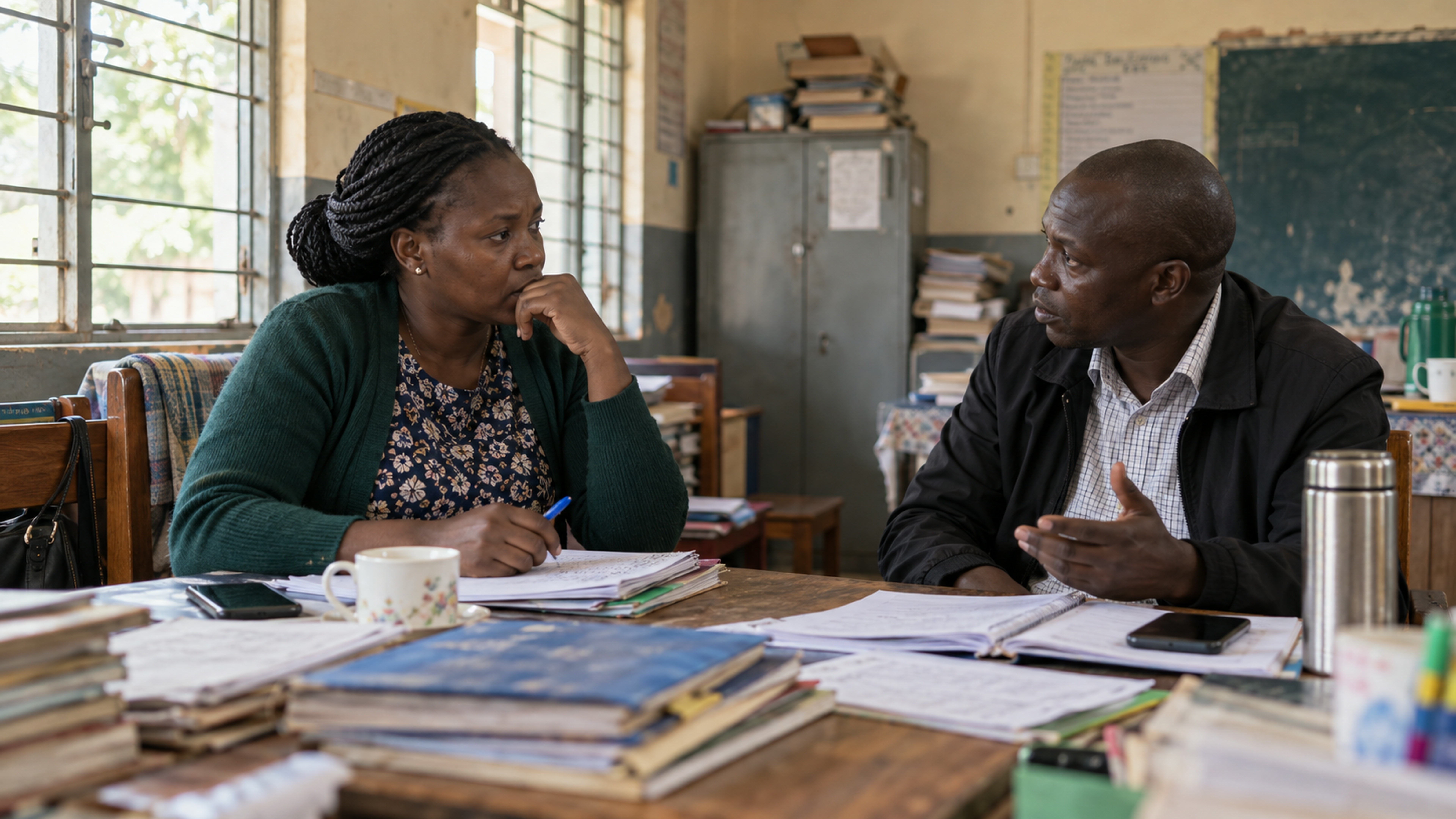 Two teachers talking in a staffroom, not smiling for a camera.