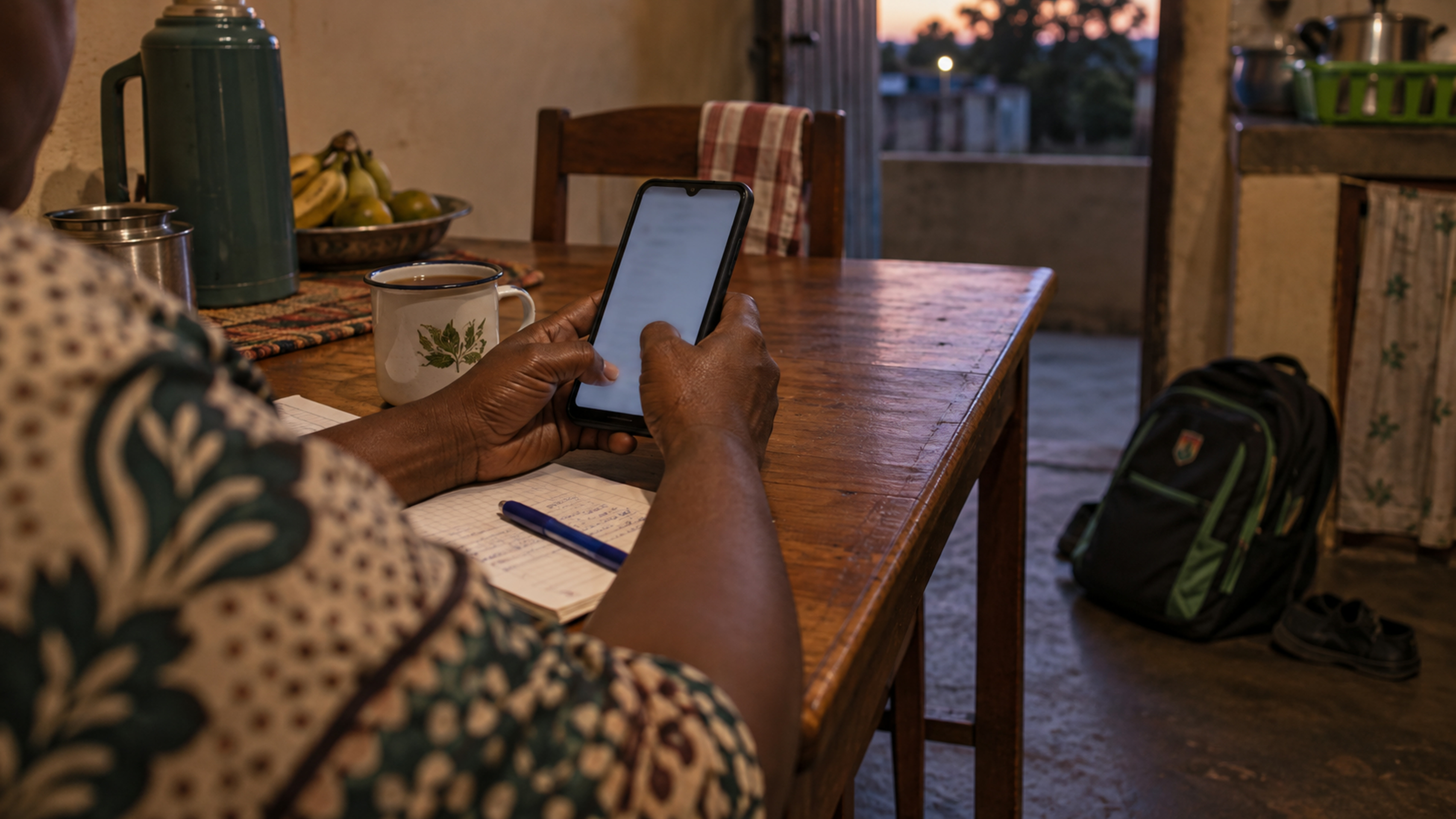 A parent’s hands with a phone beside a cup of tea at dusk.