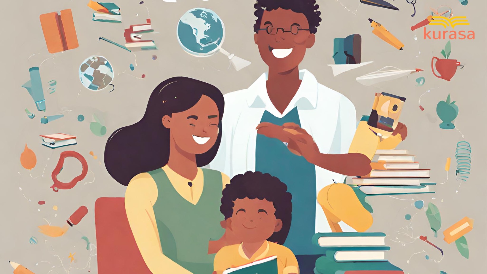 A parent and teacher speak at the door while a phone shows a weekly update.