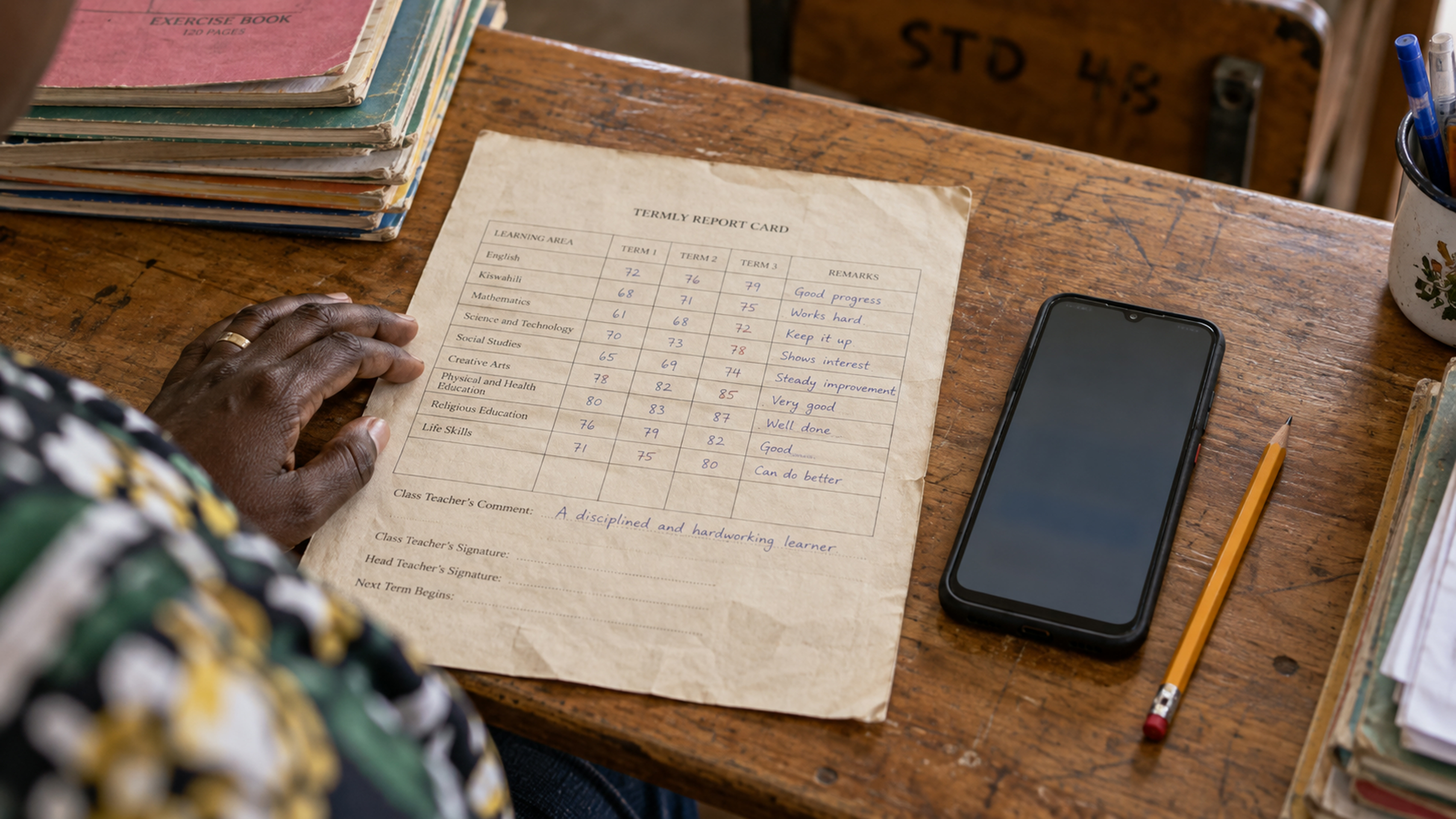 A physical report card beside a phone on a table.