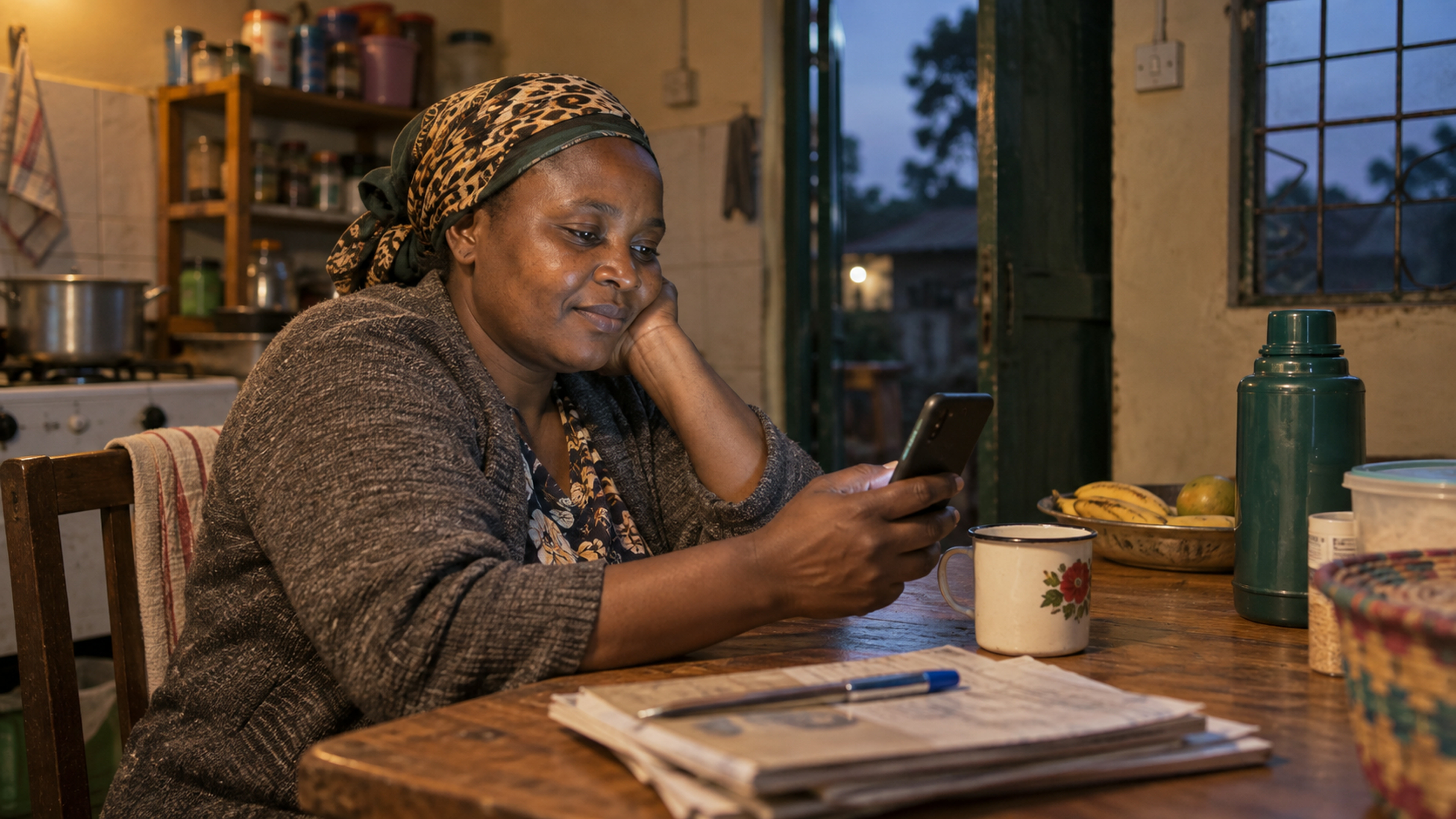 A parent at a kitchen table with a phone, child out of frame.