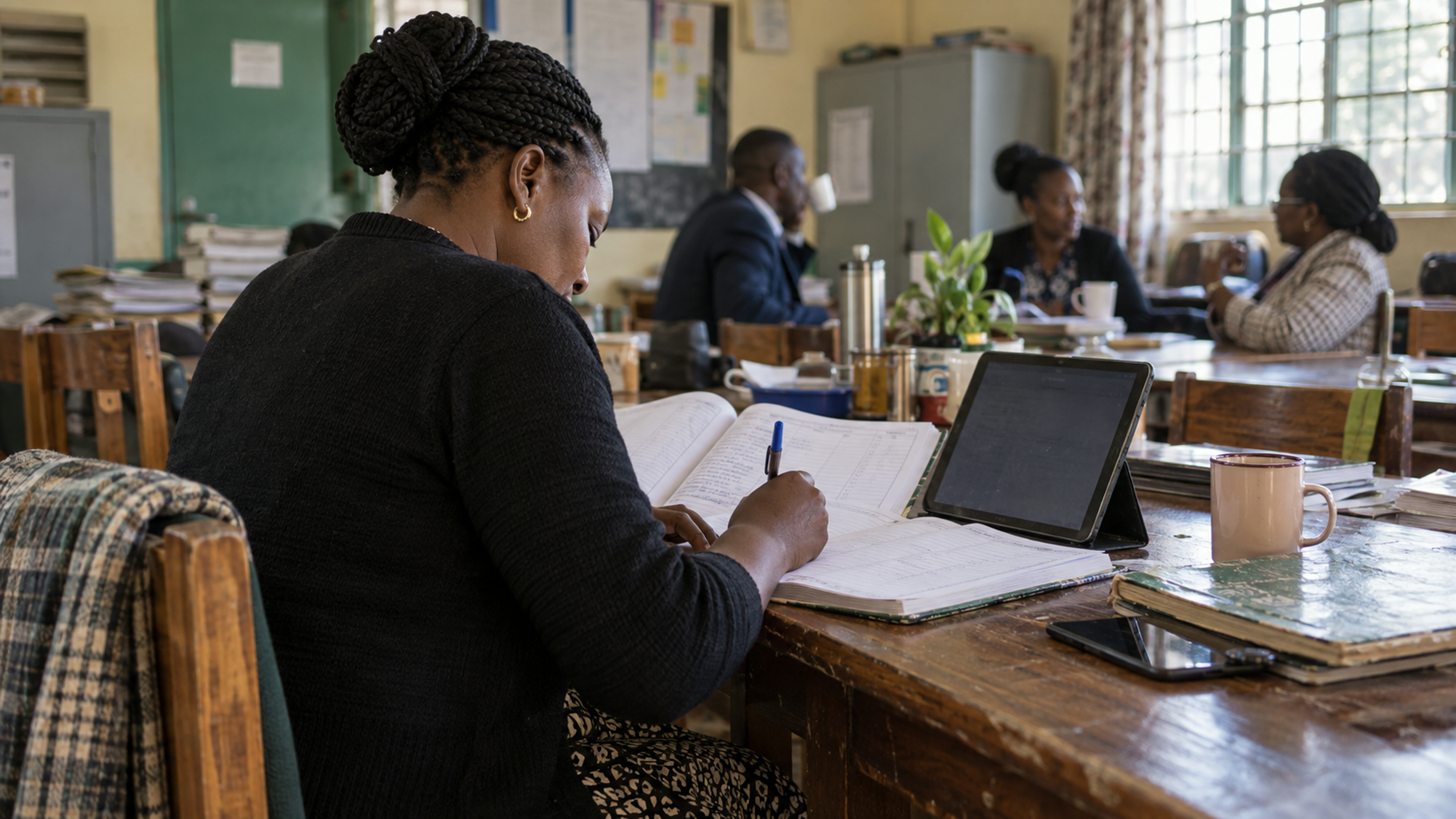 A teacher writes into a CBC scheme of work at a staffroom table.