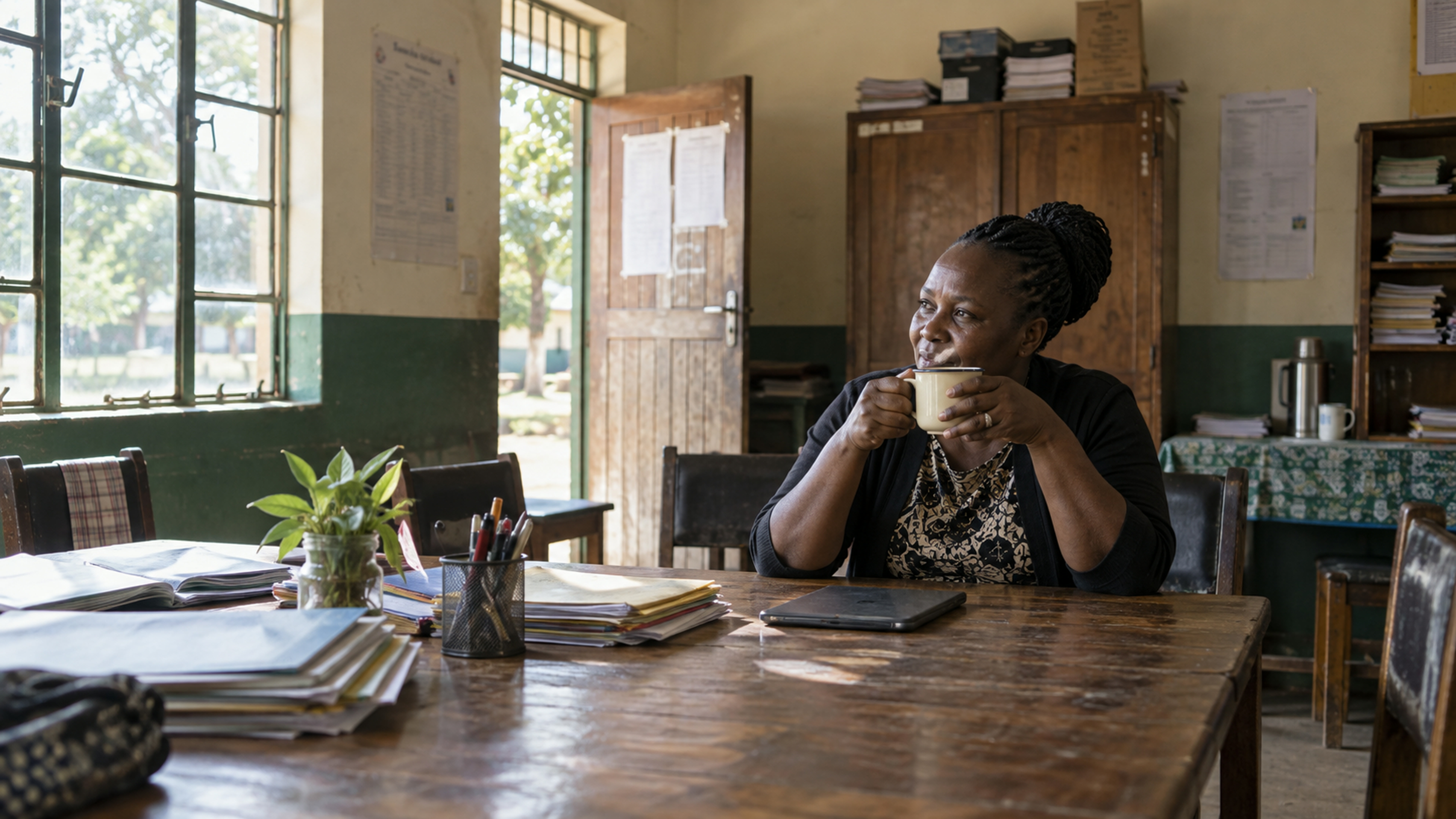 A teacher sits with tea once the staffroom has emptied.