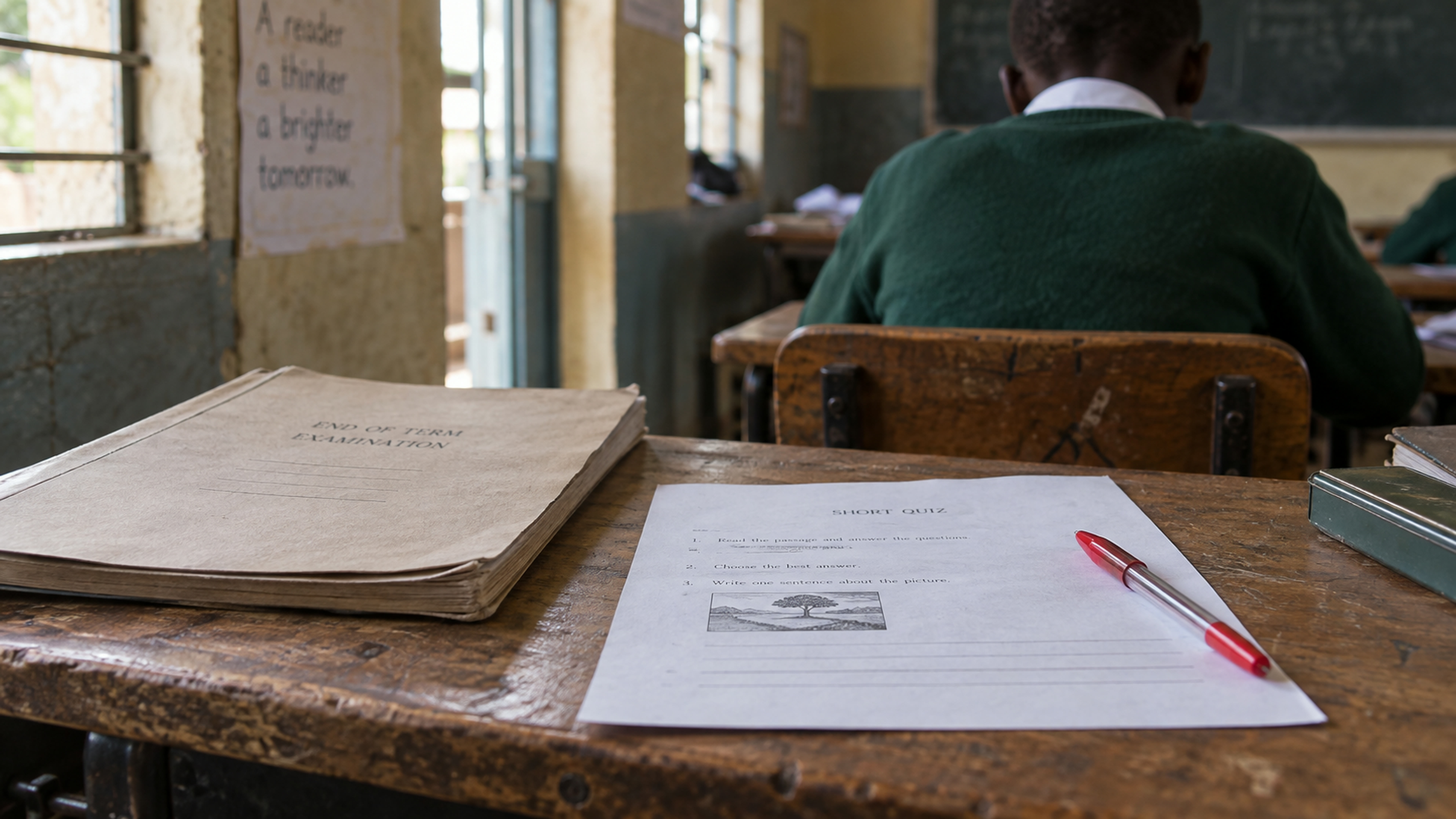 A red pen and a short quiz on a desk beside a closed exam booklet.