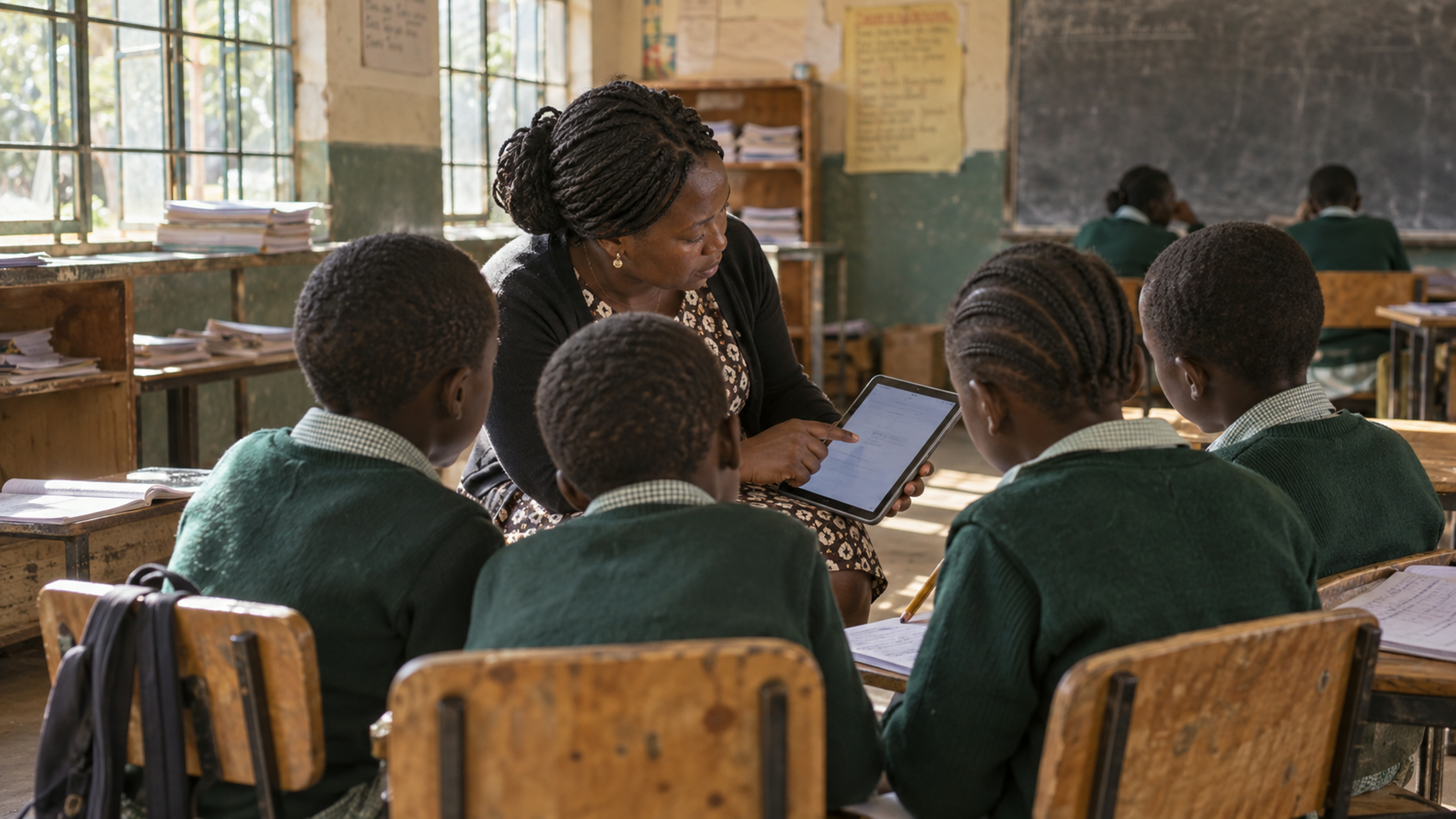 A teacher marks a small group against indicators on a tablet.
