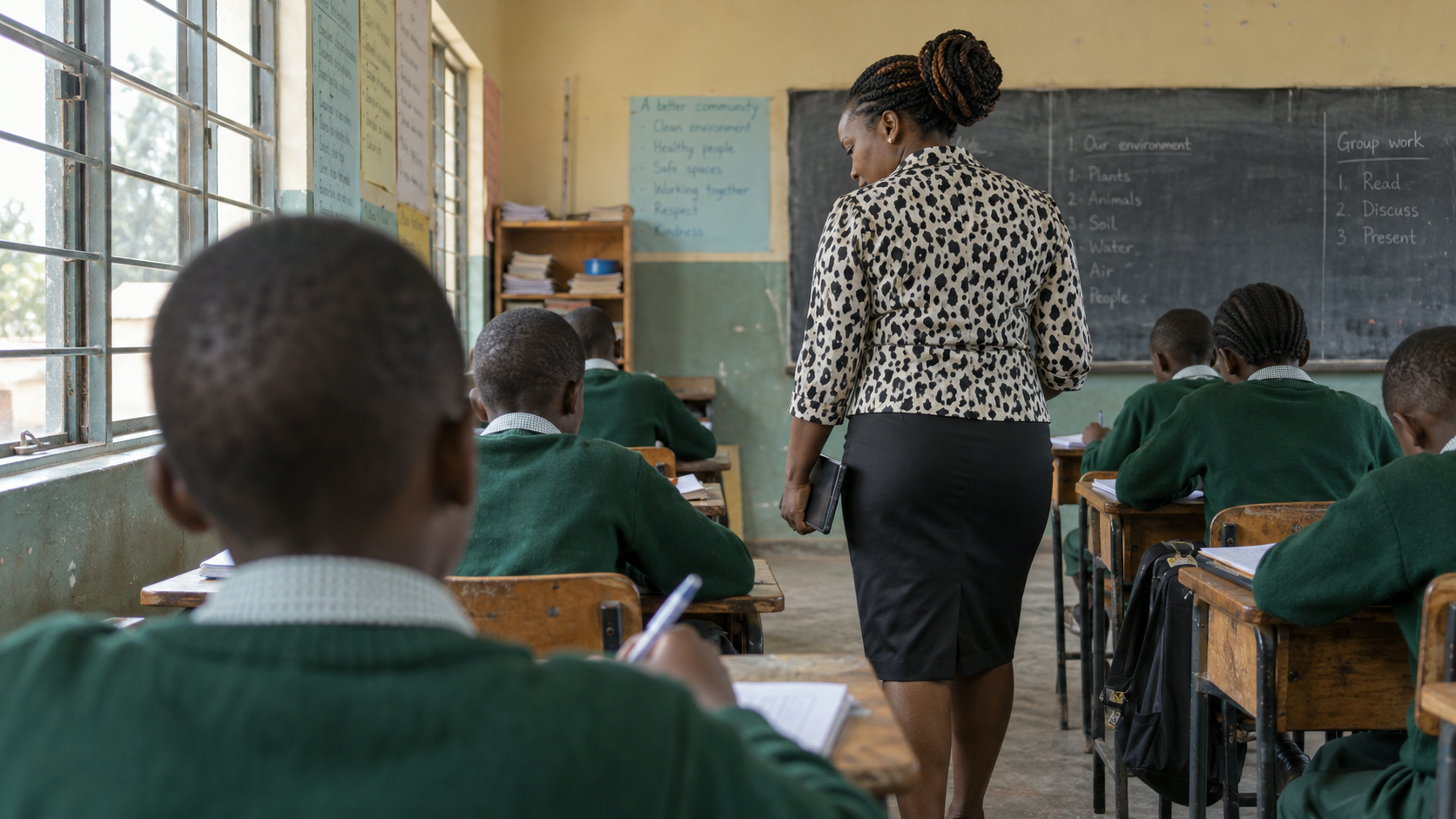 A teacher walking between desks during a lesson, seen from behind the nearest child.