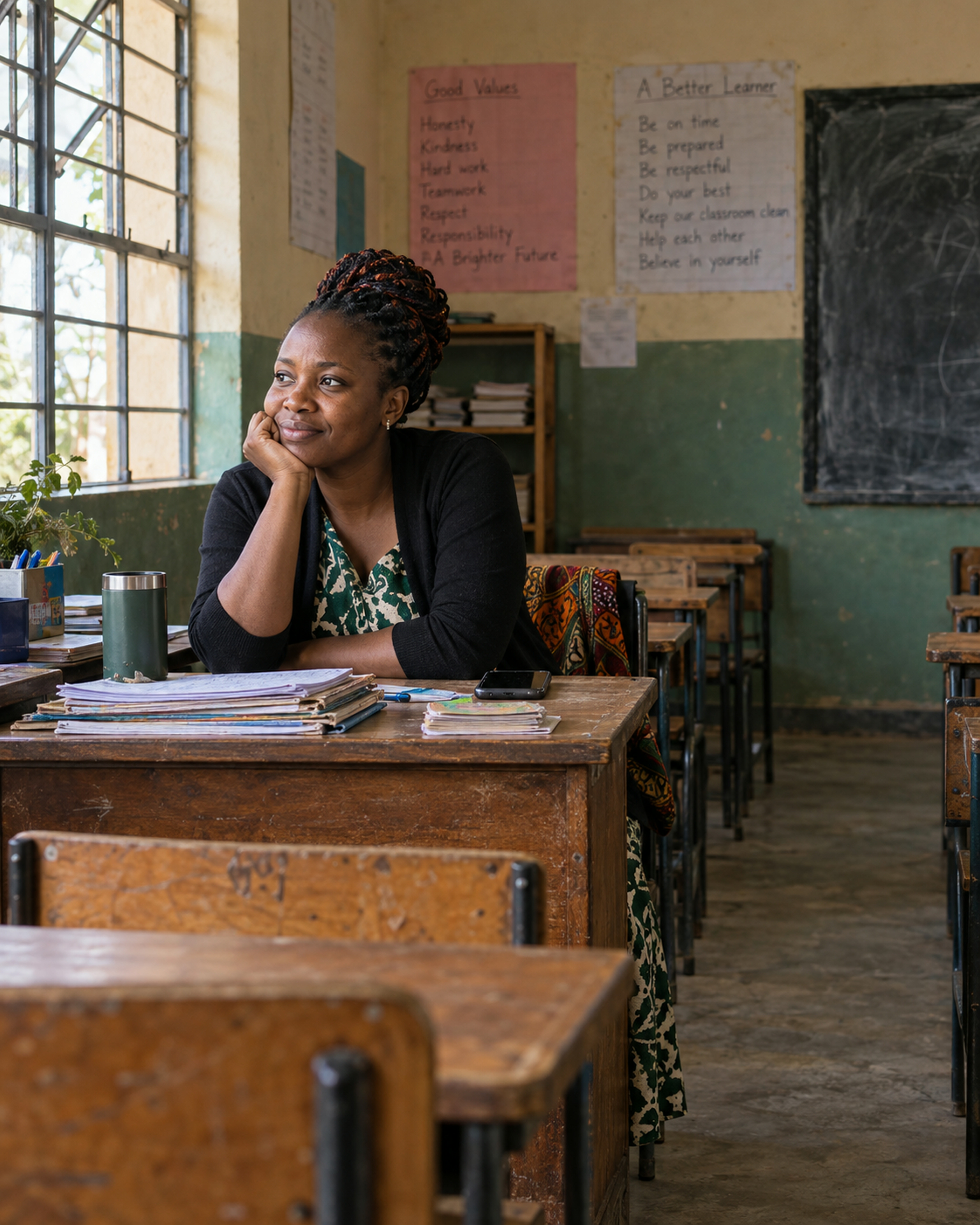 Portrait of an adult Kenyan woman teacher in an empty classroom.