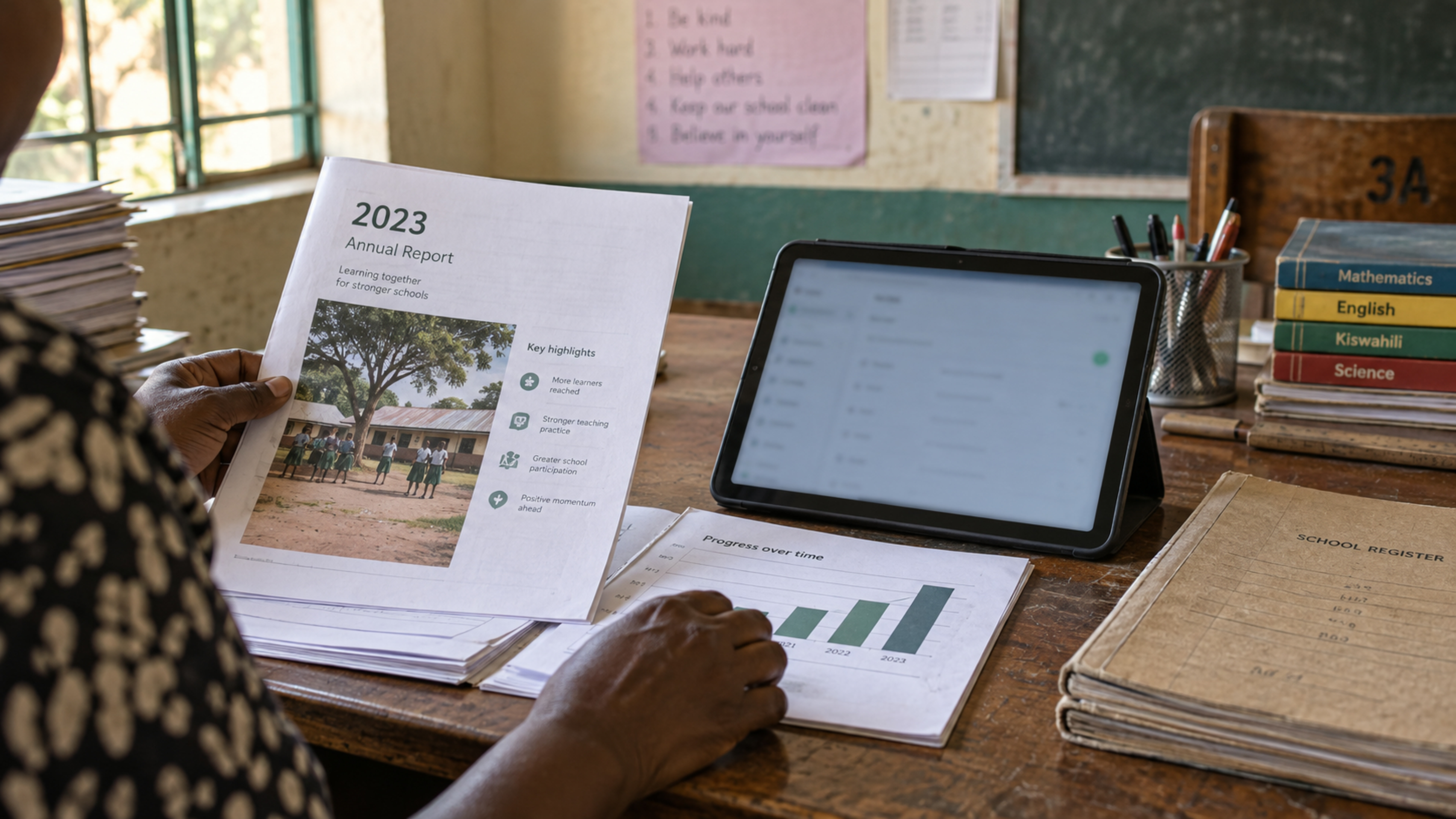 Printed 2023 report pages beside a tablet showing a later school year.