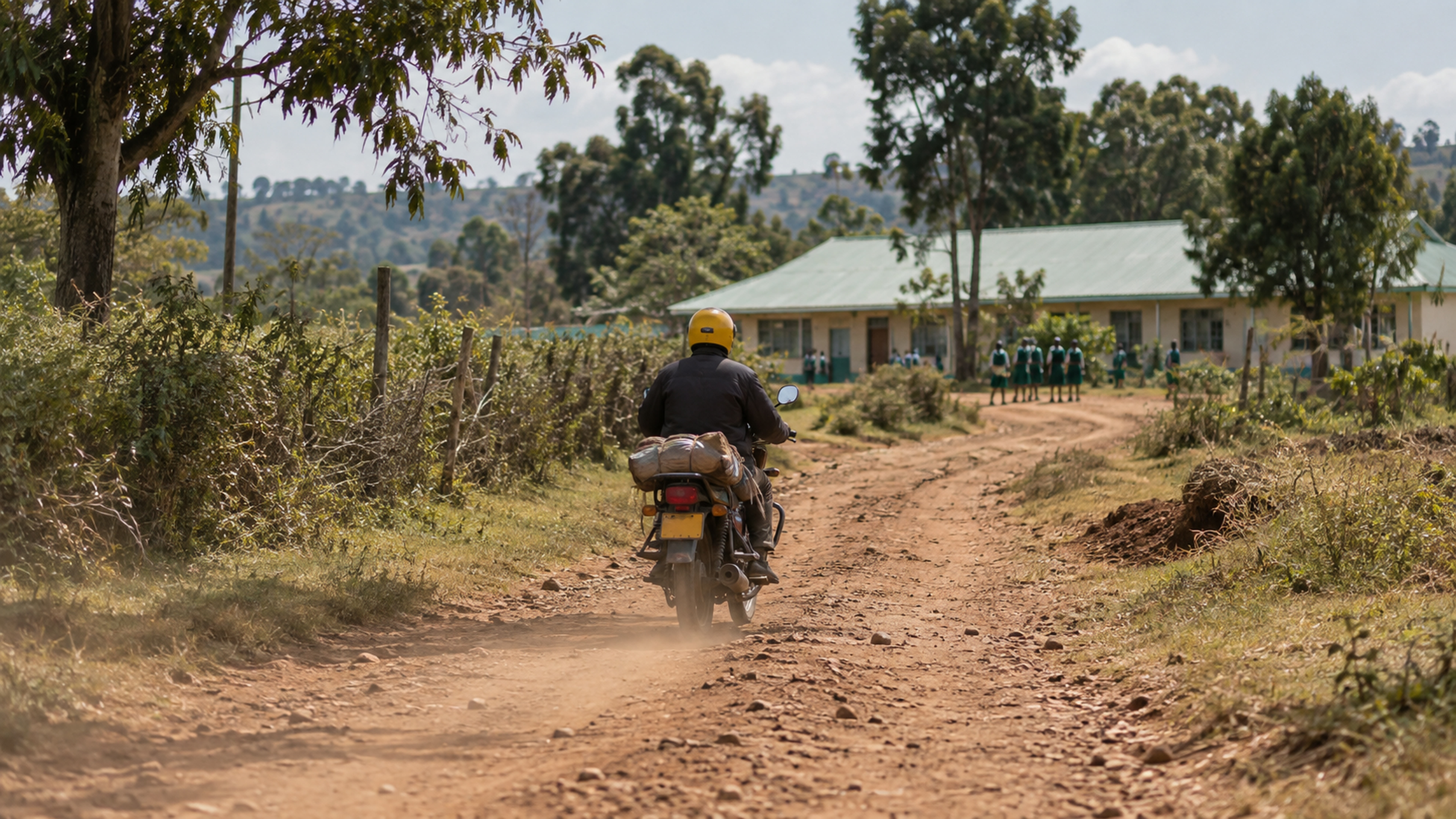 A motorcycle on a murram track toward a school, rider from behind.