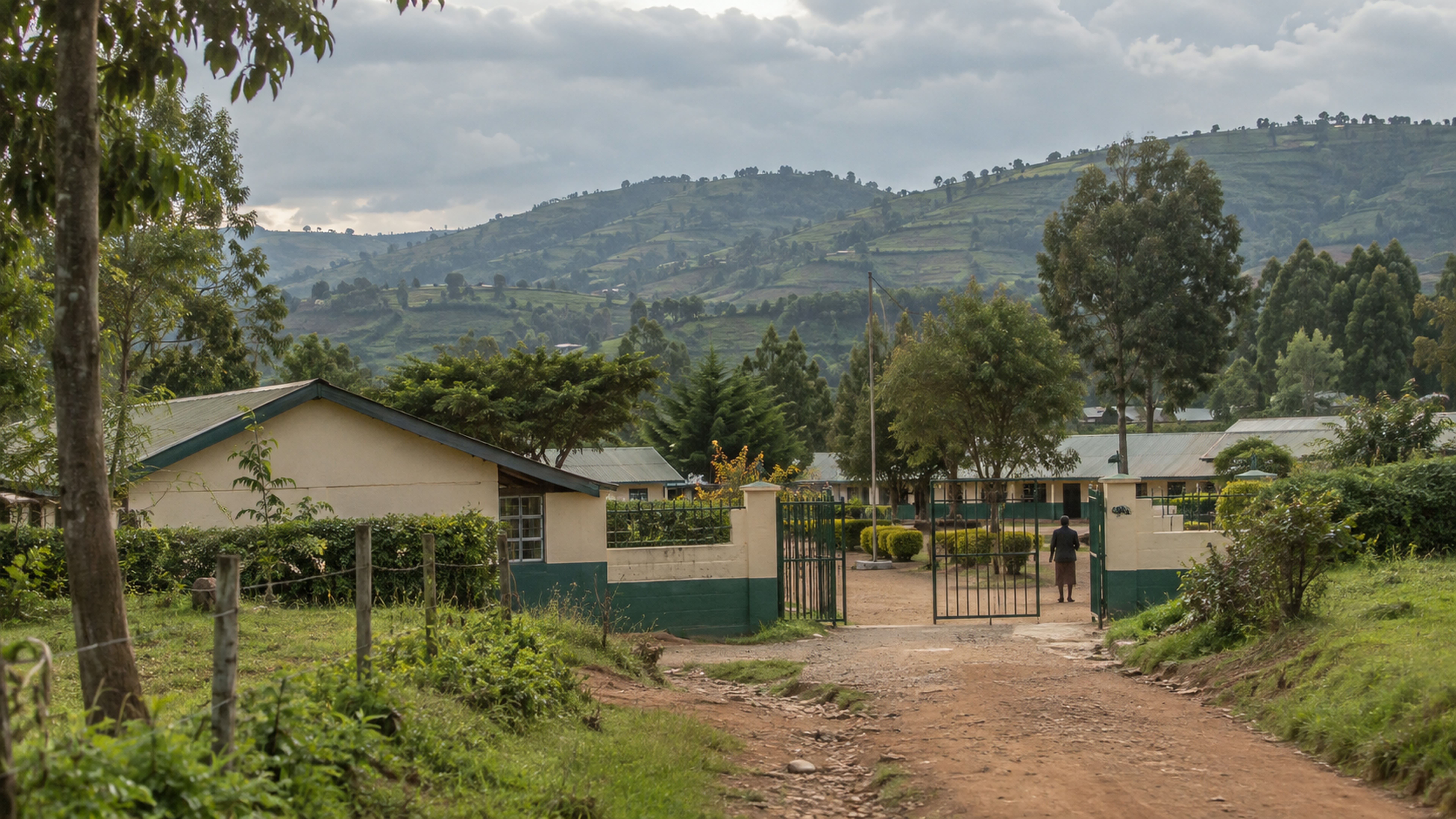 A modest school compound in a green valley, seen from the approach road.